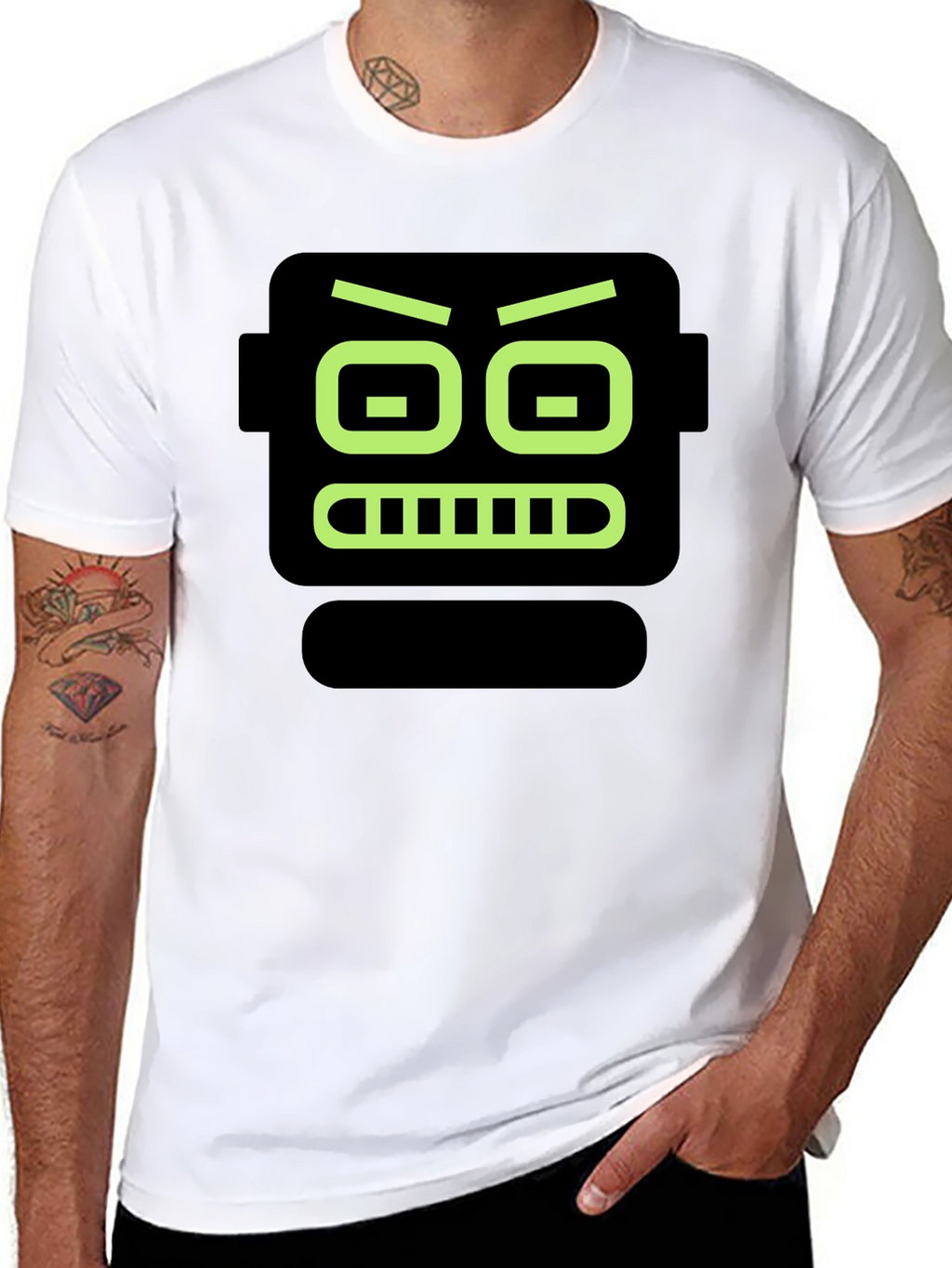 Robot Face Graphic Print Black T-Shirt