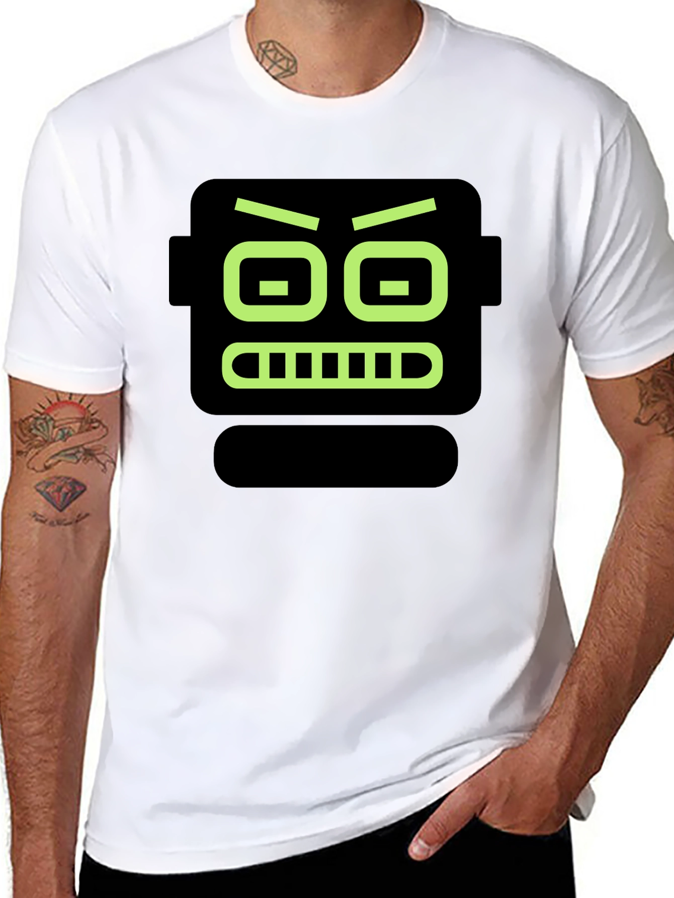 Robot Face Graphic Print Black T-Shirt