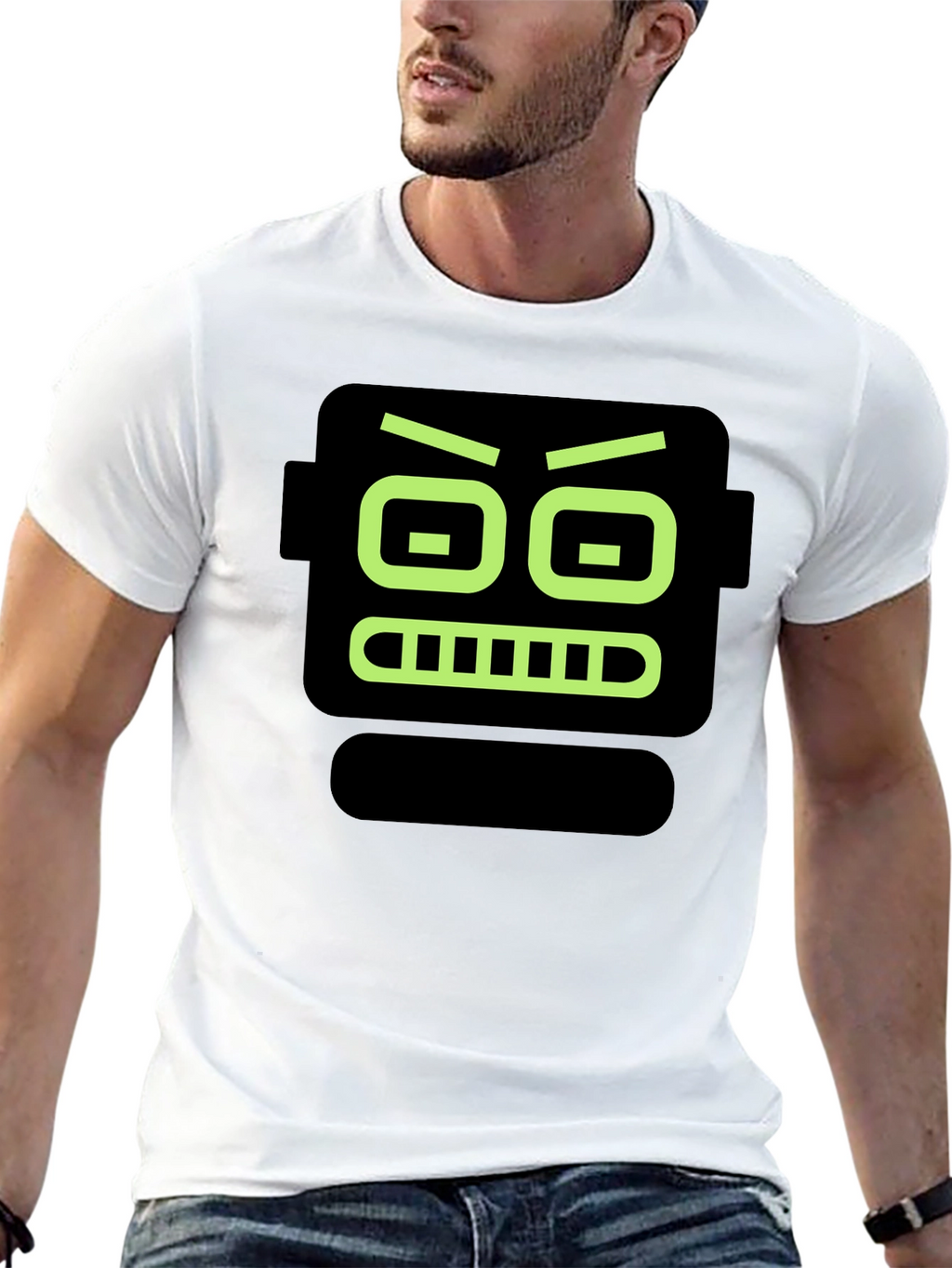 Robot Face Graphic Print Black T-Shirt