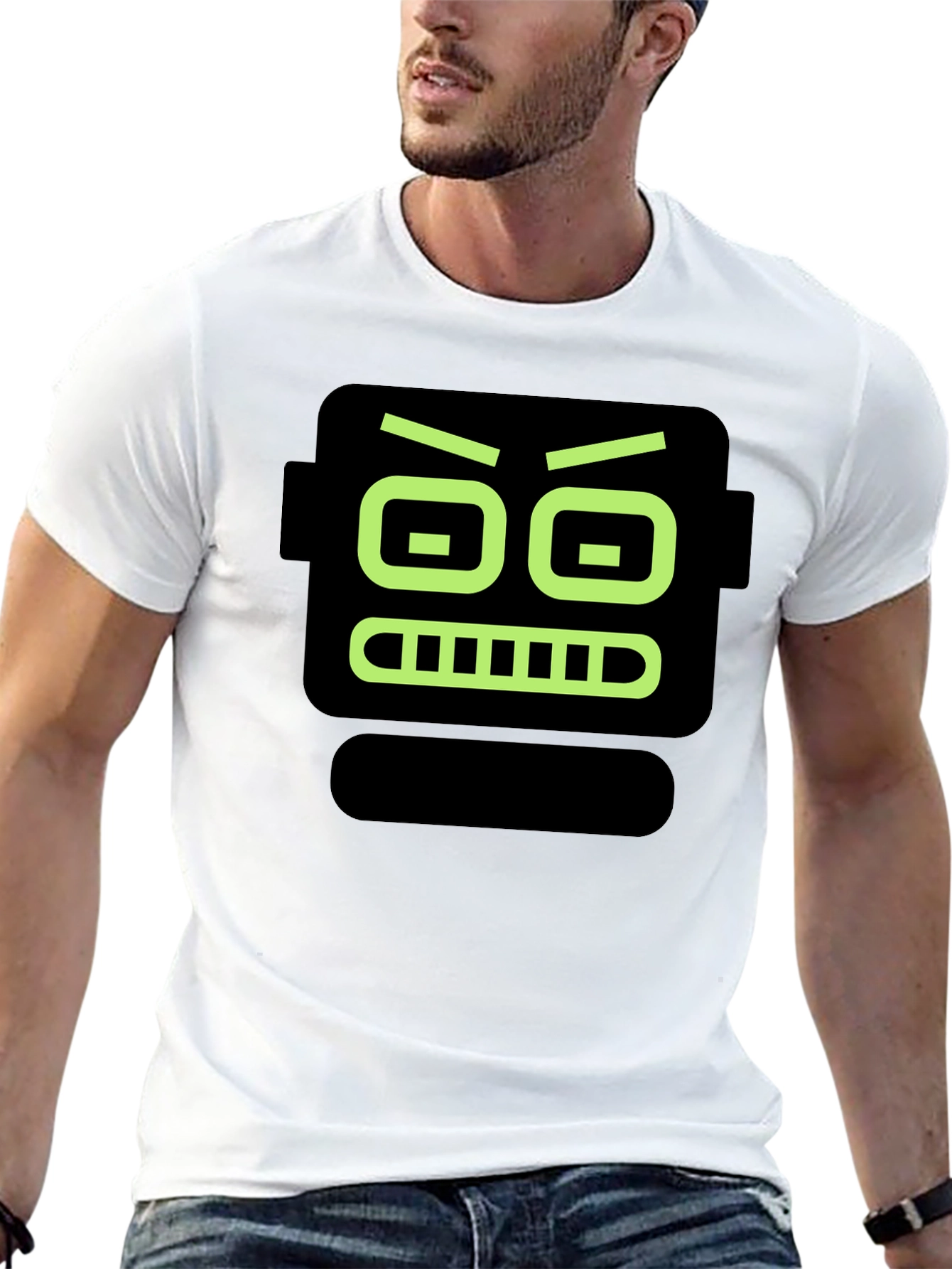 Robot Face Graphic Print Black T-Shirt