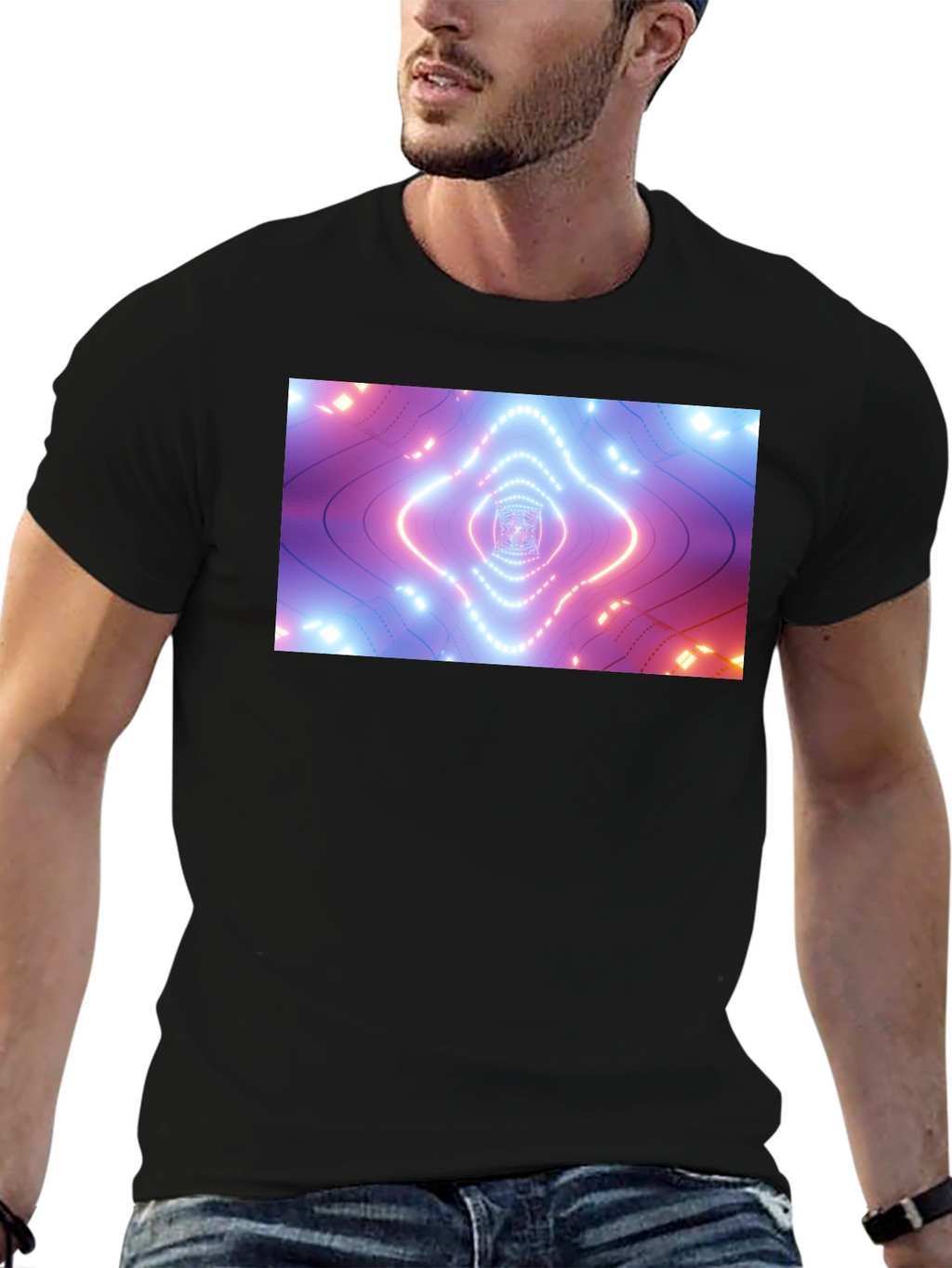 Abstract Neon Tunnel Black T-Shirt
