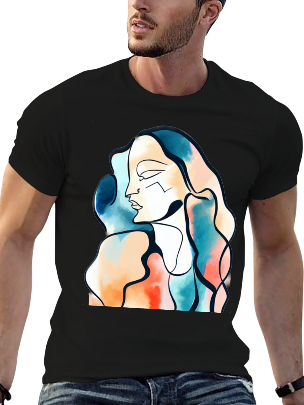 Abstract Face Graphic Print Black T-Shirt