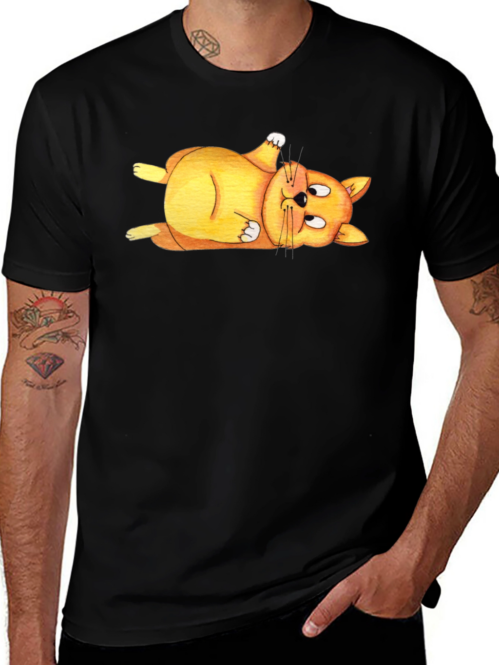 Lazy Cat T-Shirt - Black Crew Neck Tee
