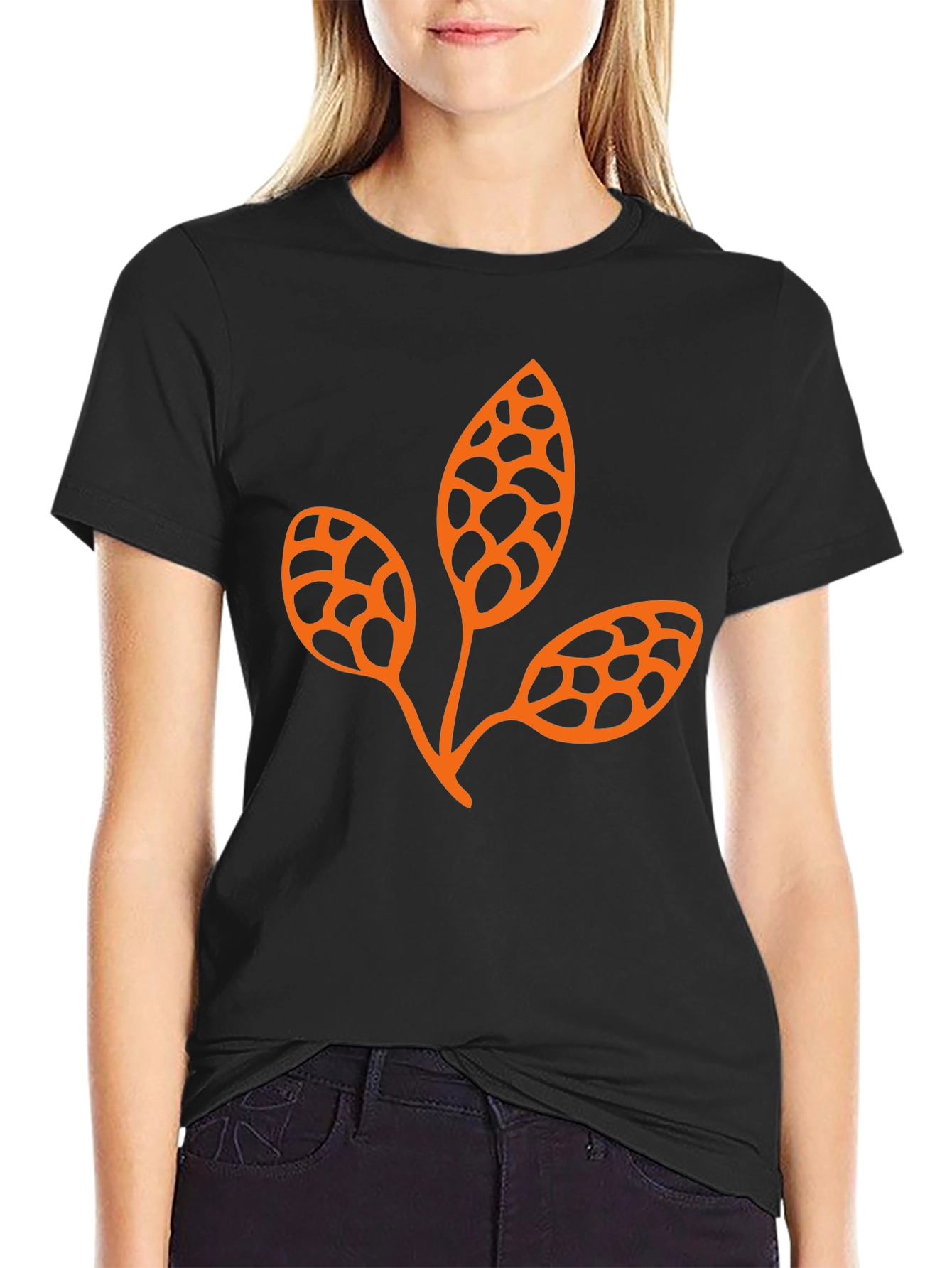 Trendy Black Tee with Unique Leaf Design