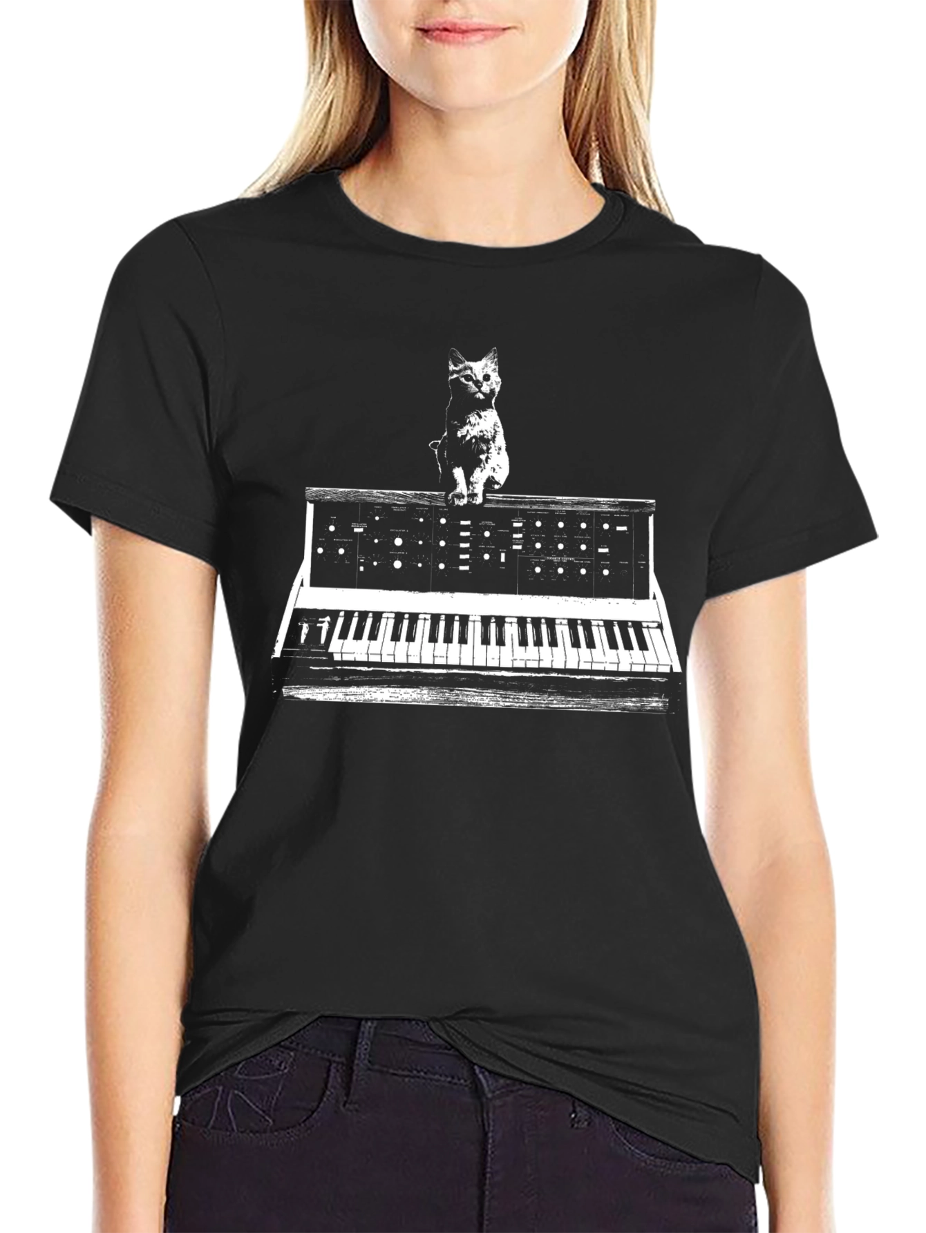 Cat Synth Black T-Shirt - Unique Music Lover Tee