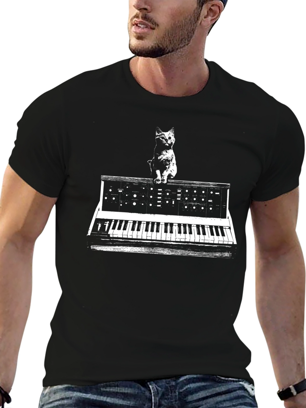 Cat Synth Black T-Shirt - Unique Music Lover Tee