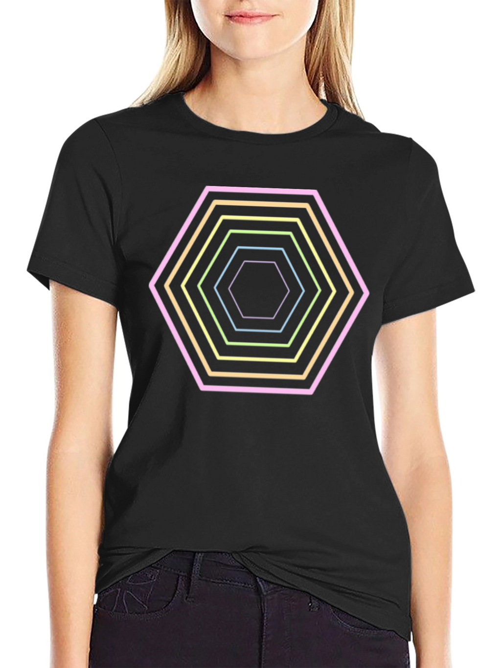 Hexagon Neon Graphic Print Black T-Shirt