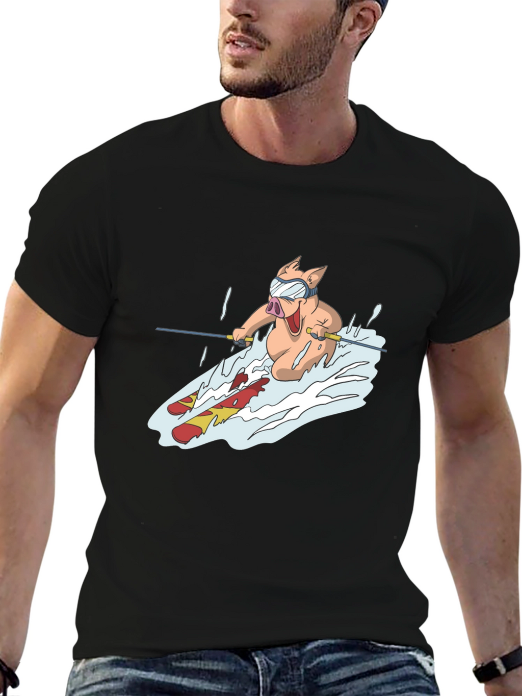 Pig Skiing T-Shirt - Black Cotton Tee