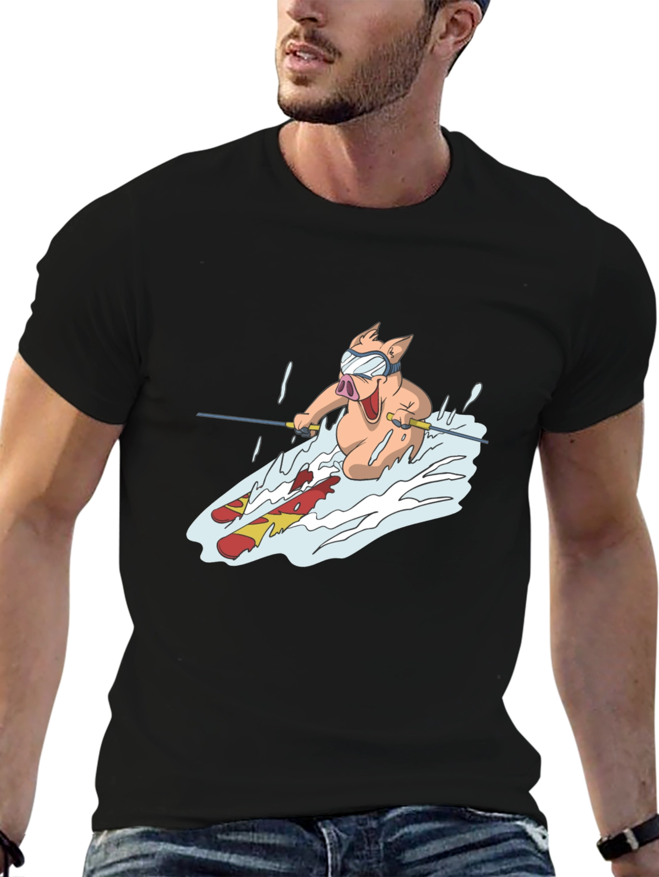 Pig Skiing T-Shirt - Black Cotton Tee