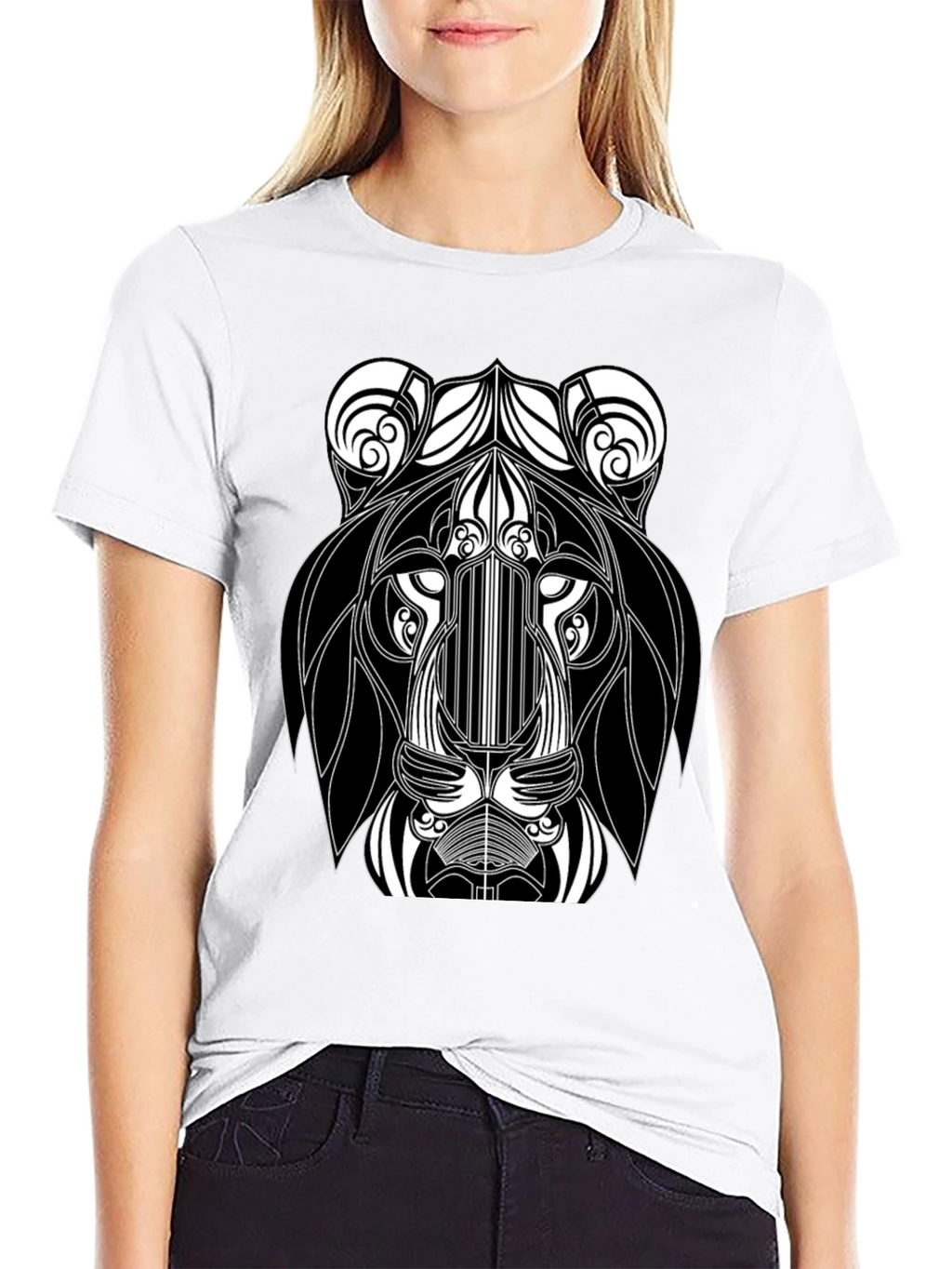 Abstract Lion Head Black Graphic T-Shirt