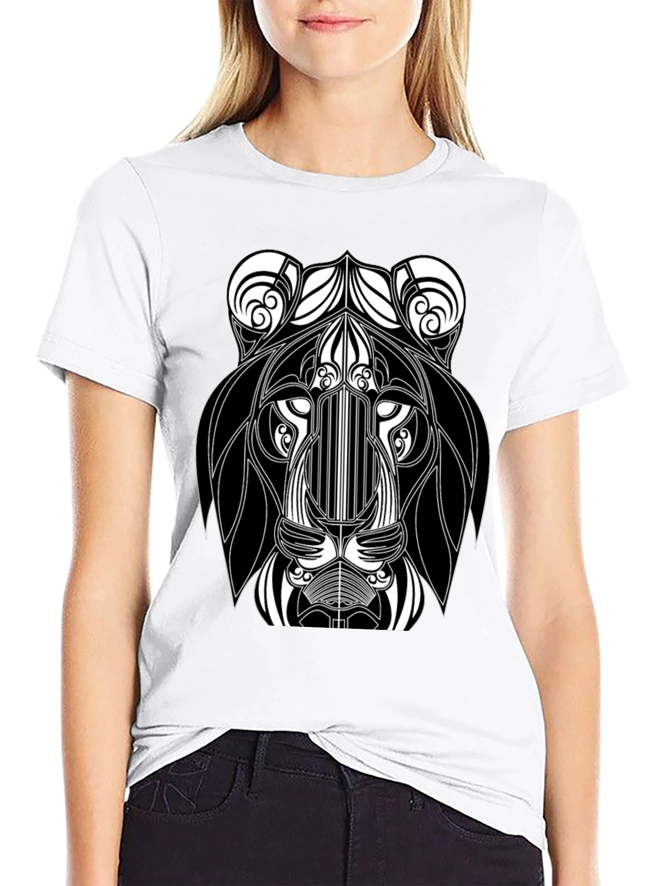 Abstract Lion Head Black Graphic T-Shirt