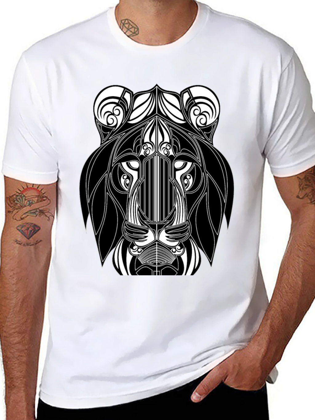 Abstract Lion Head Black Graphic T-Shirt