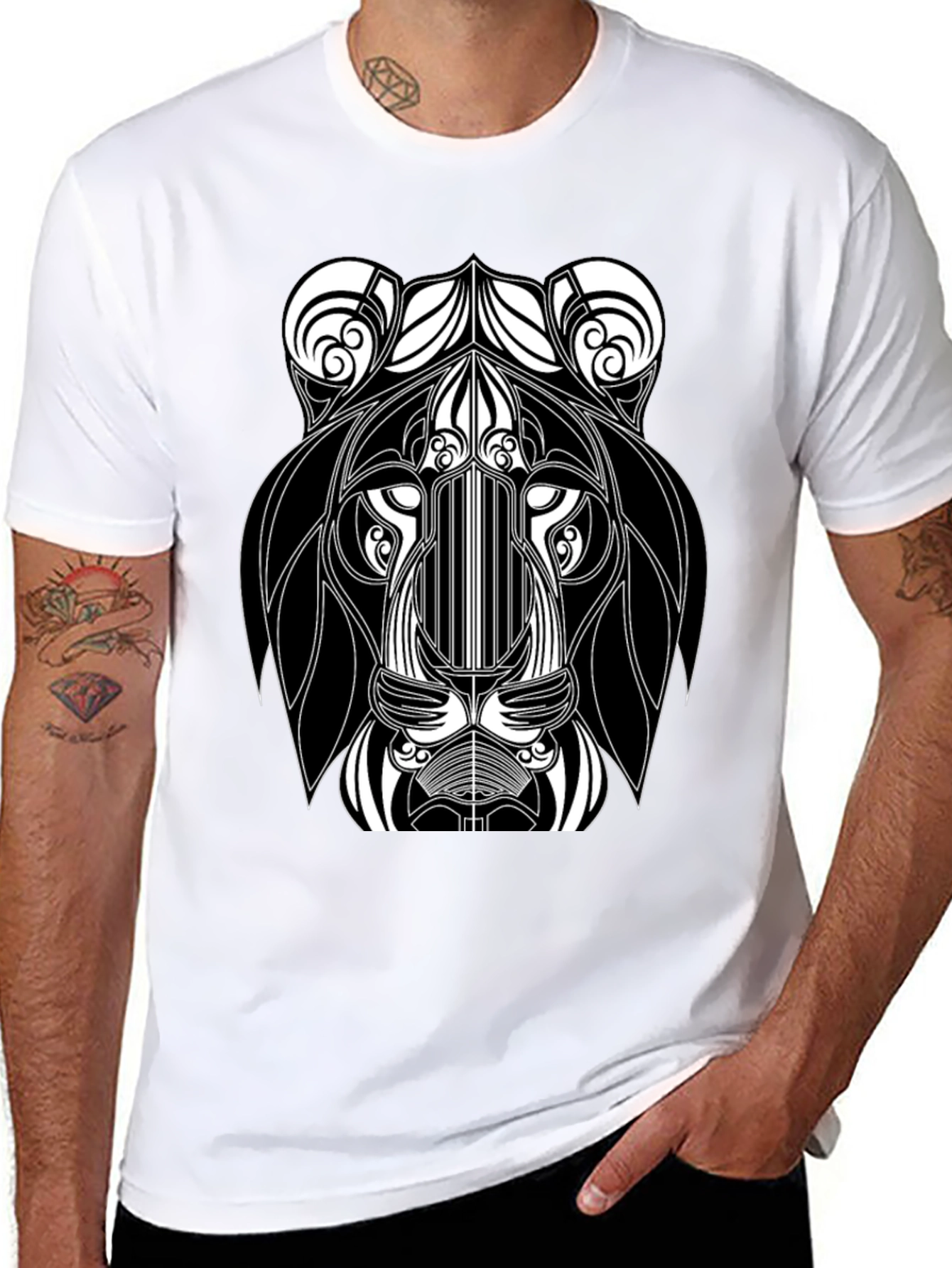 Abstract Lion Head Black Graphic T-Shirt