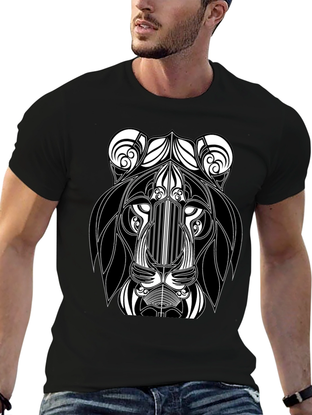 Abstract Lion Head Black Graphic T-Shirt