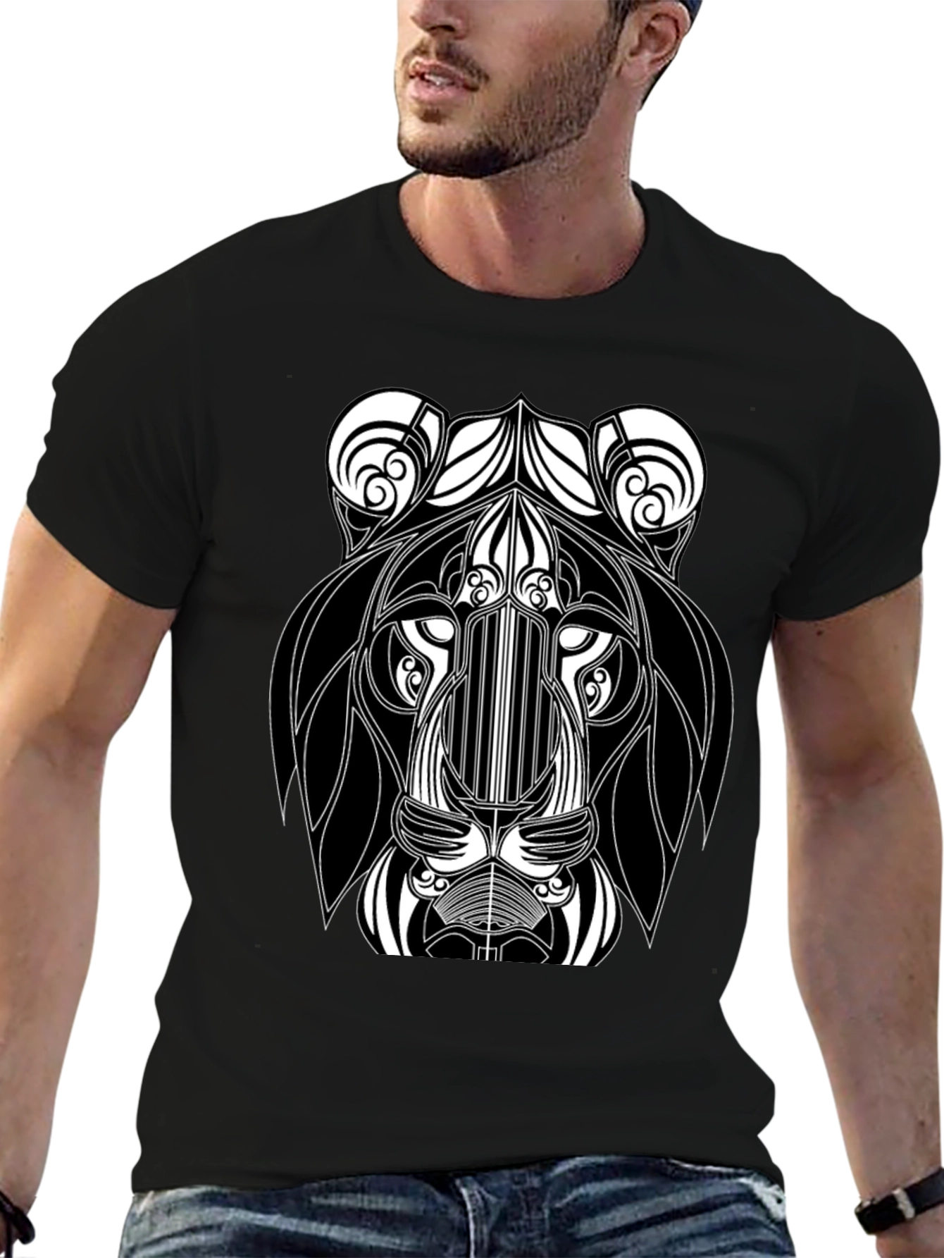 Abstract Lion Head Black Graphic T-Shirt