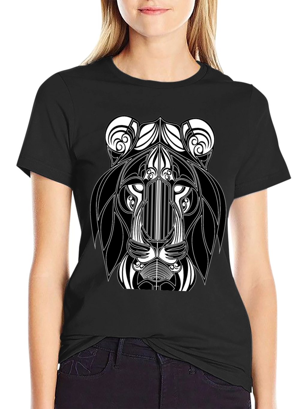 Abstract Lion Head Black Graphic T-Shirt