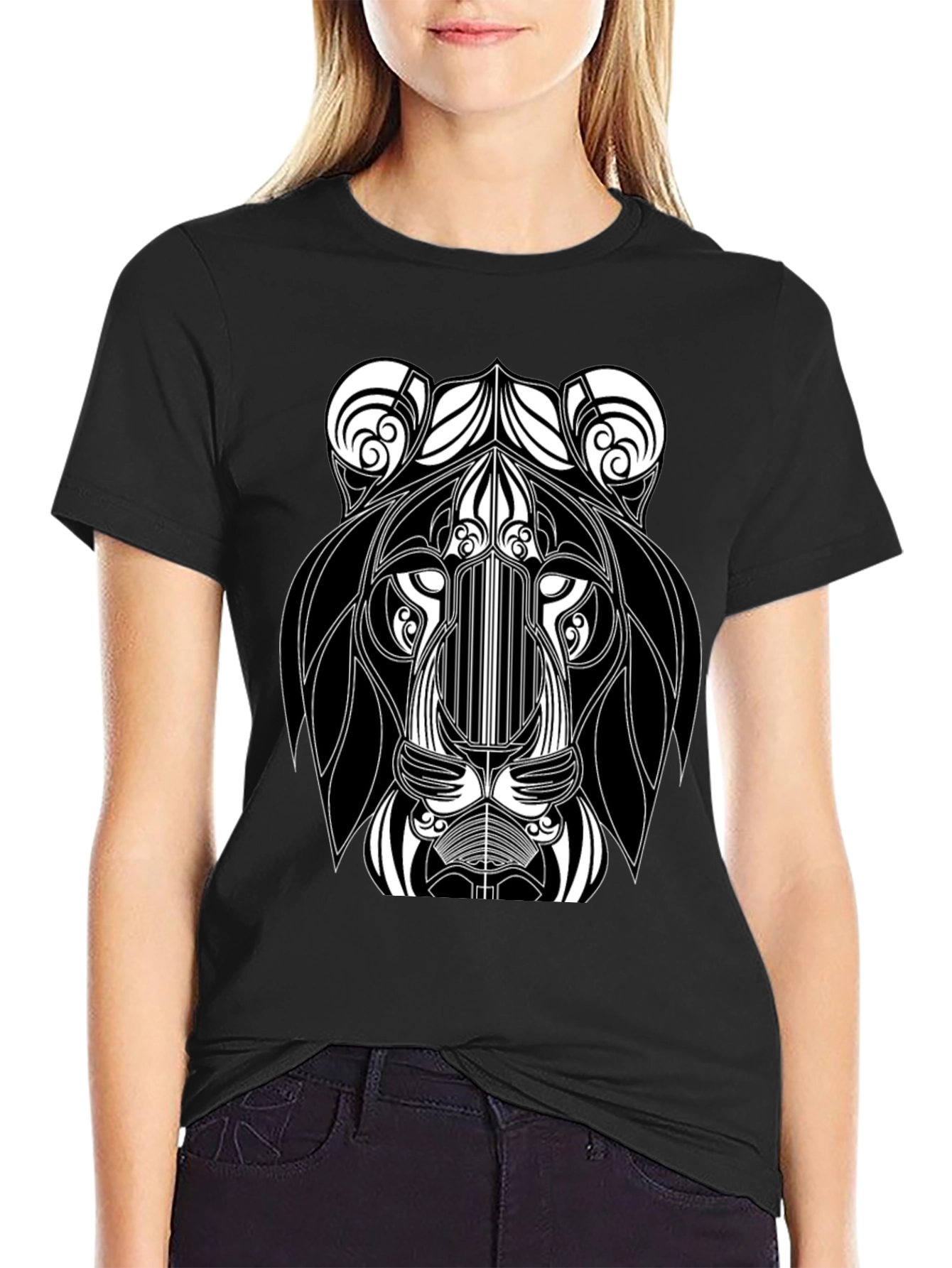 Abstract Lion Head Black Graphic T-Shirt