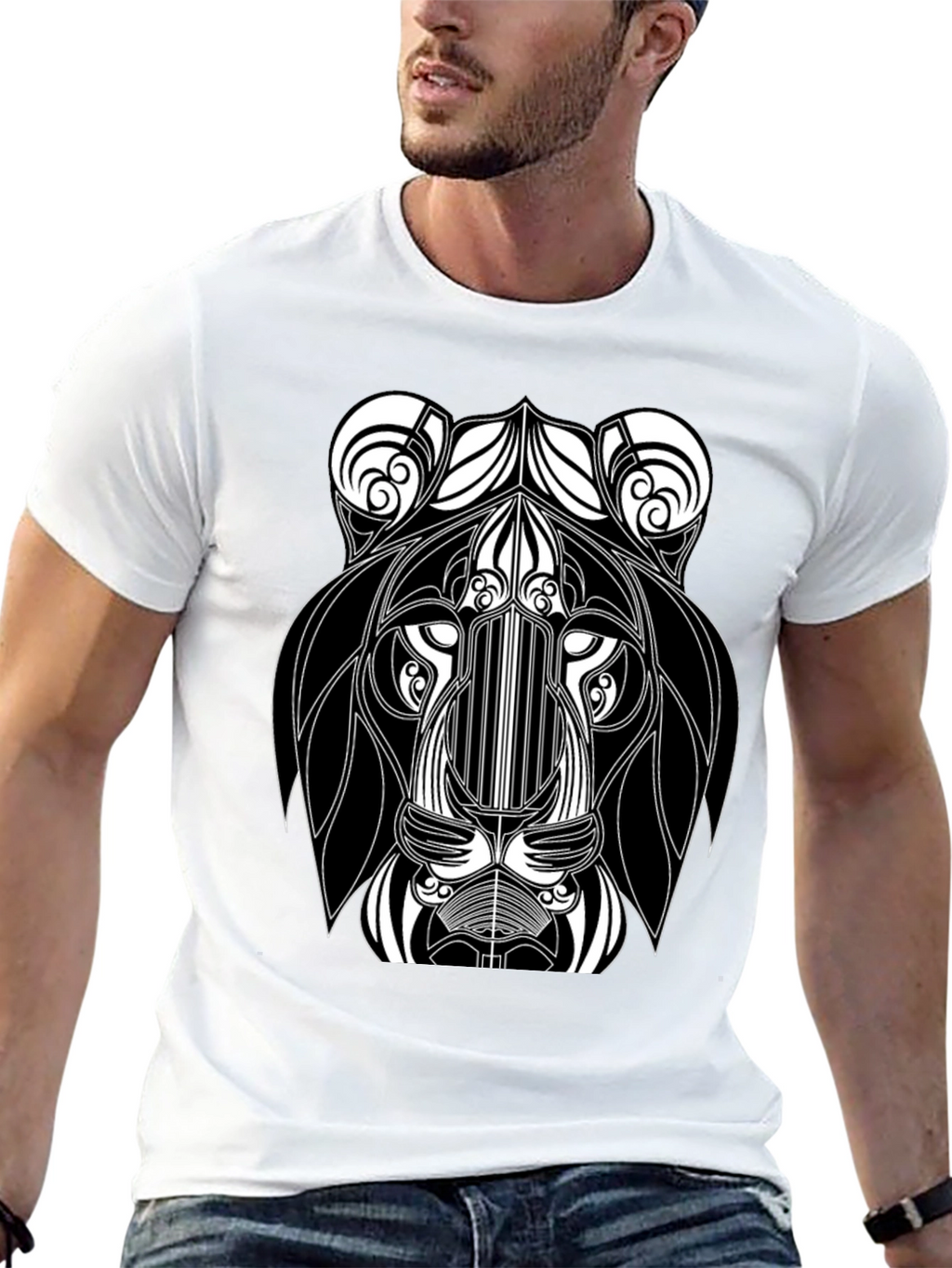 Abstract Lion Head Black Graphic T-Shirt