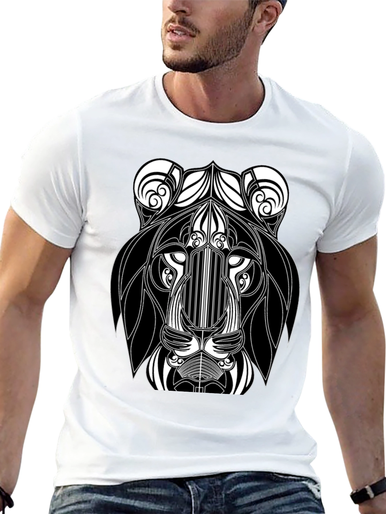 Abstract Lion Head Black Graphic T-Shirt