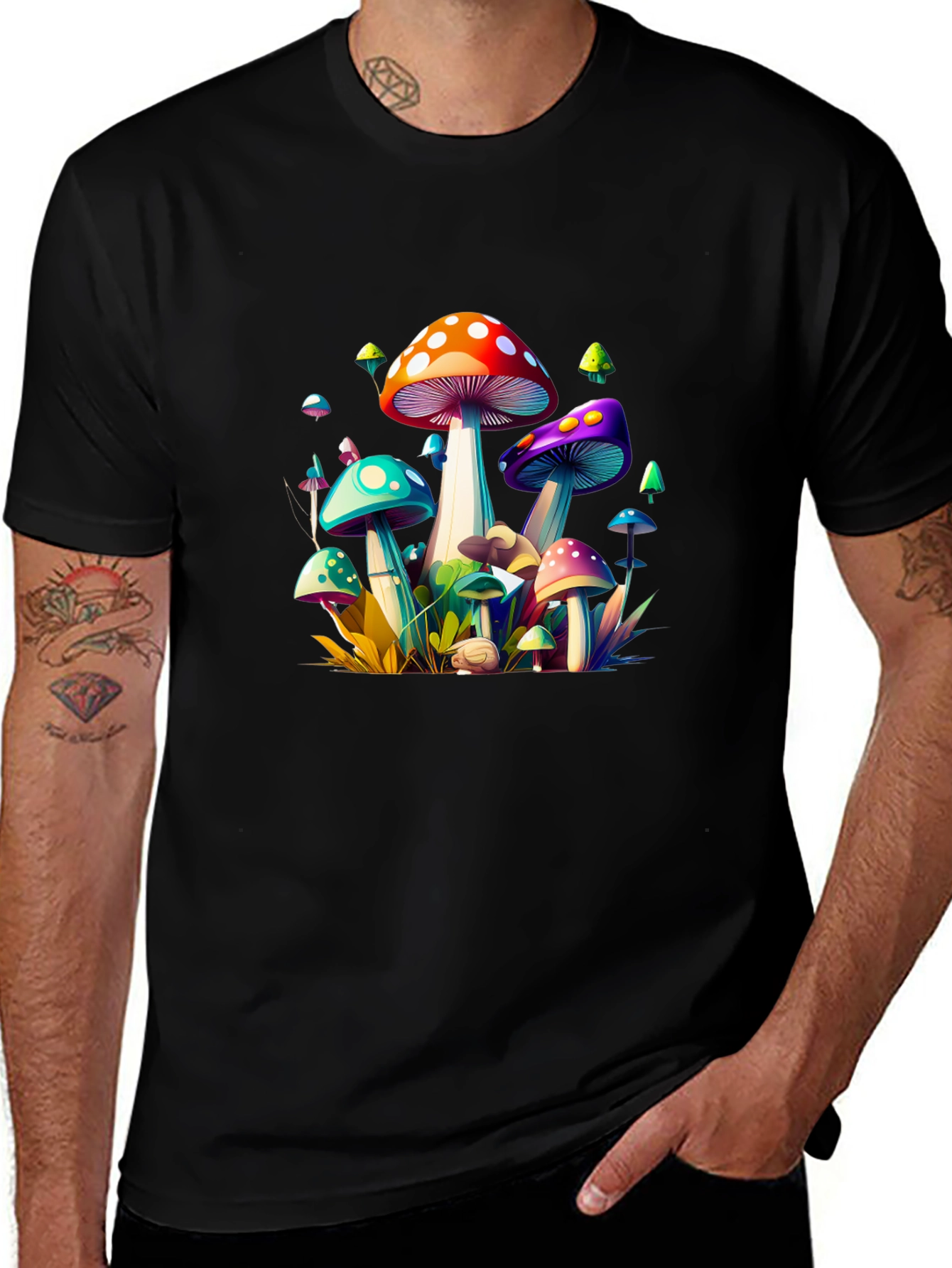 Vibrant Mushroom Graphic Tee - Unisex Black T-Shirt