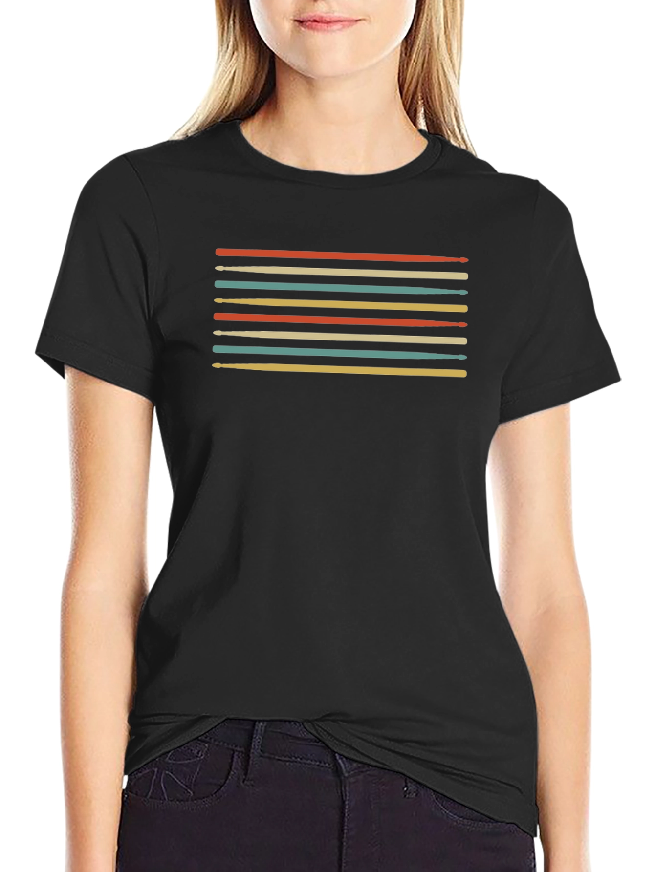 Retro Drumsticks Graphic Tee - Black Cotton T-Shirt