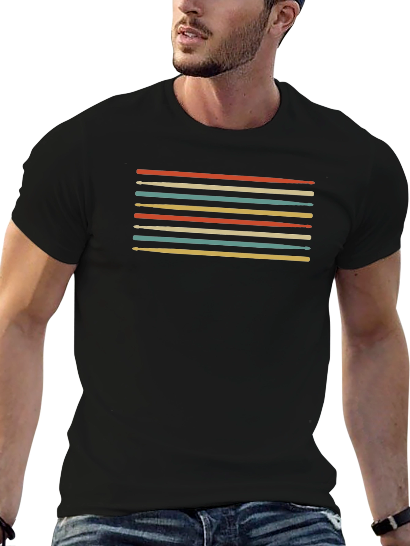 Retro Drumsticks Graphic Tee - Black Cotton T-Shirt