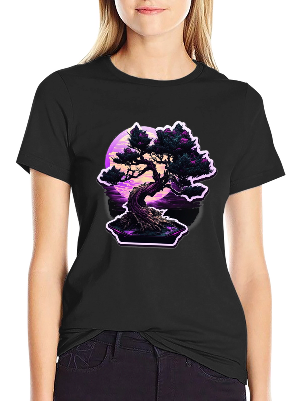 Bonsai Moon Black T-Shirt - Vaporwave Aesthetic