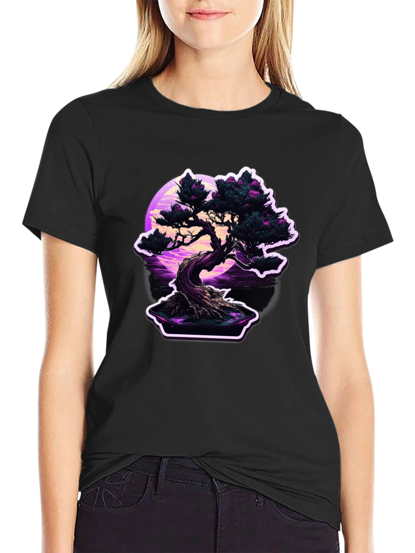 Bonsai Moon Black T-Shirt - Vaporwave Aesthetic