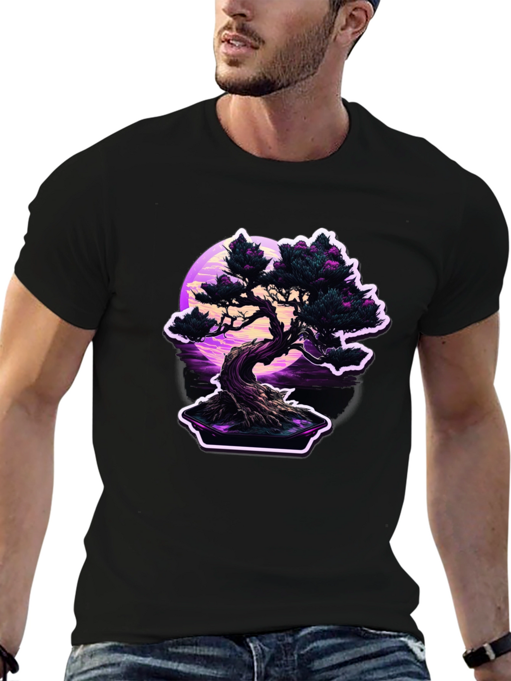 Bonsai Moon Black T-Shirt - Vaporwave Aesthetic