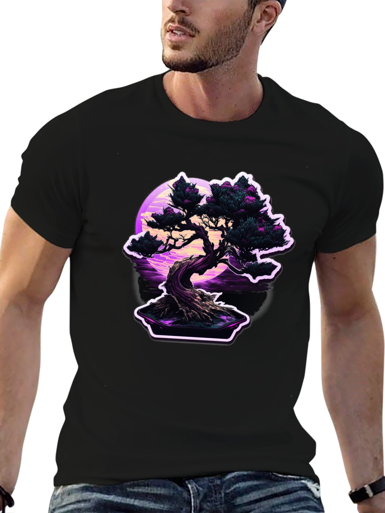Bonsai Moon Black T-Shirt - Vaporwave Aesthetic