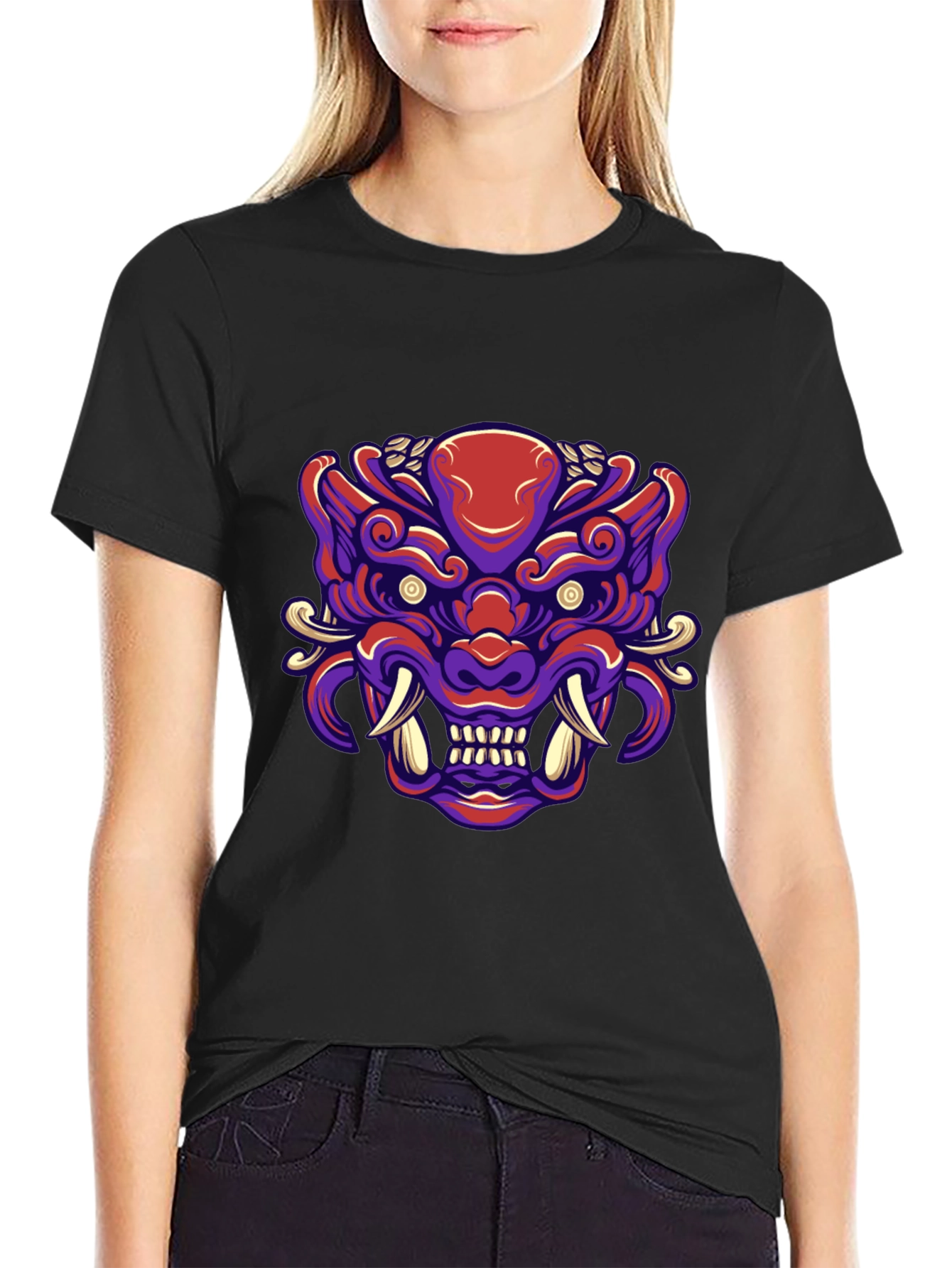 Bold Oni Mask Graphic Tee - Unique Japanese Demon Design