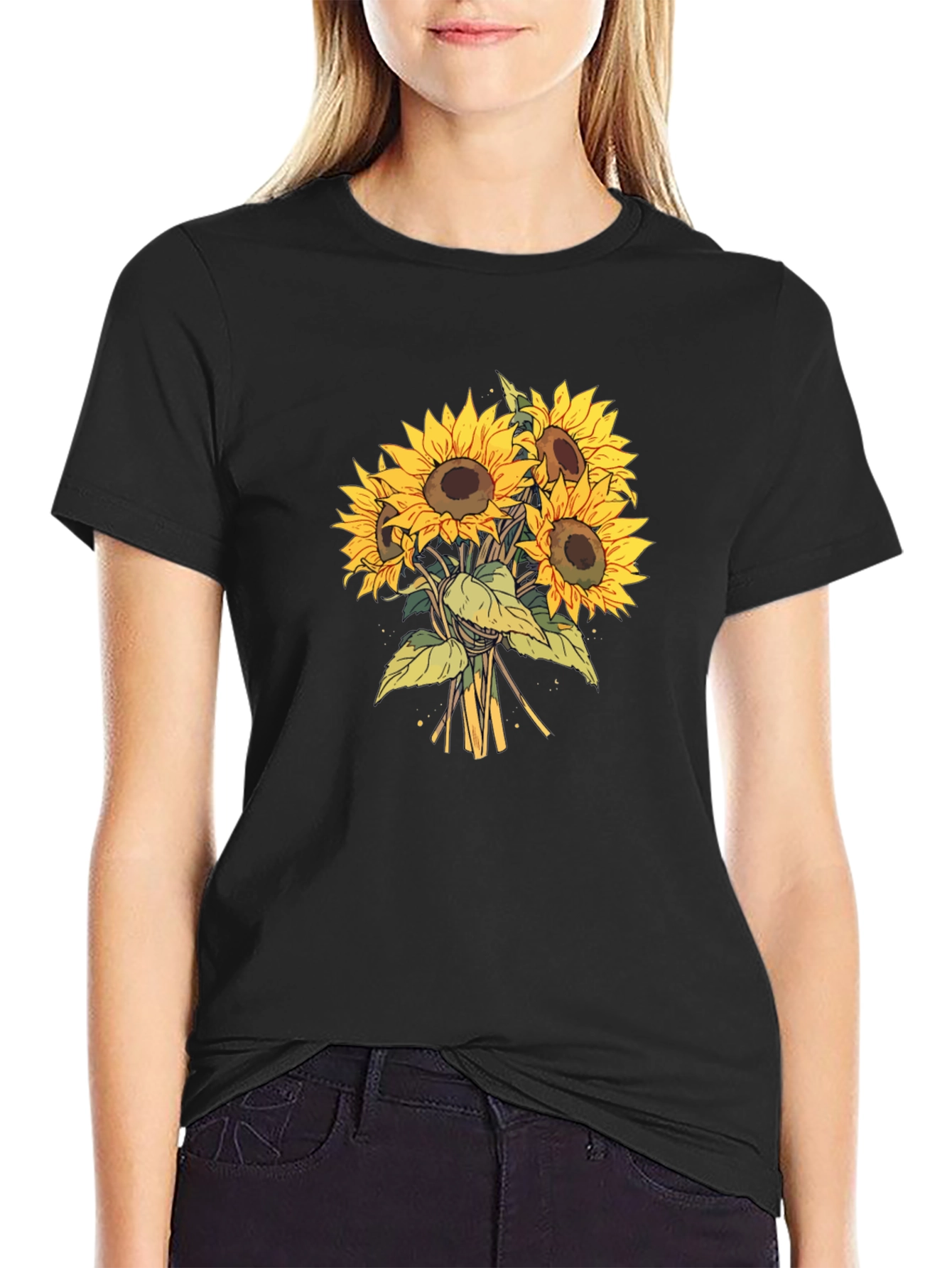 Sunflower Bouquet Graphic Tee - Black Cotton