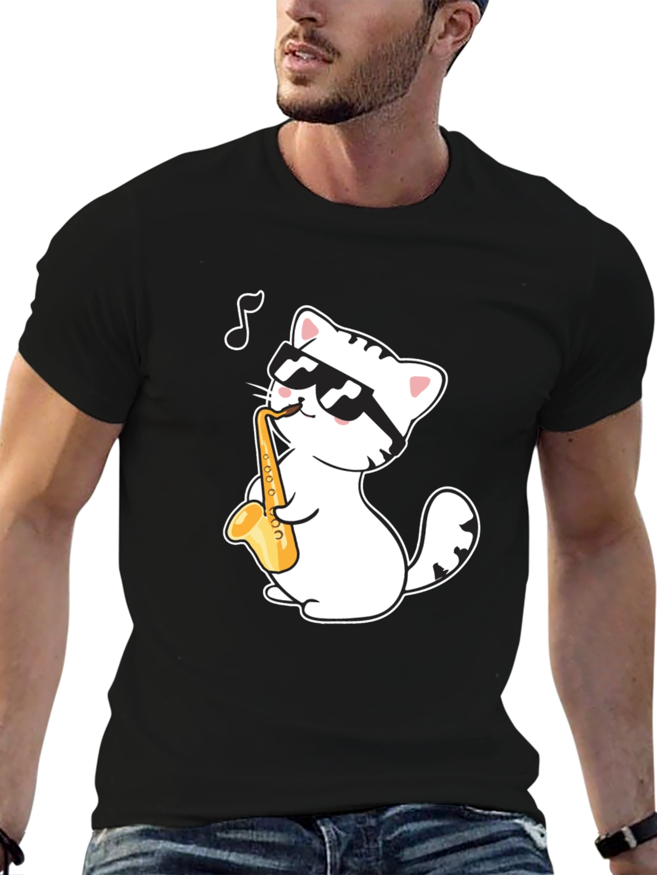 Cool Cat Saxophone T-Shirt - Musician Kitten Tee