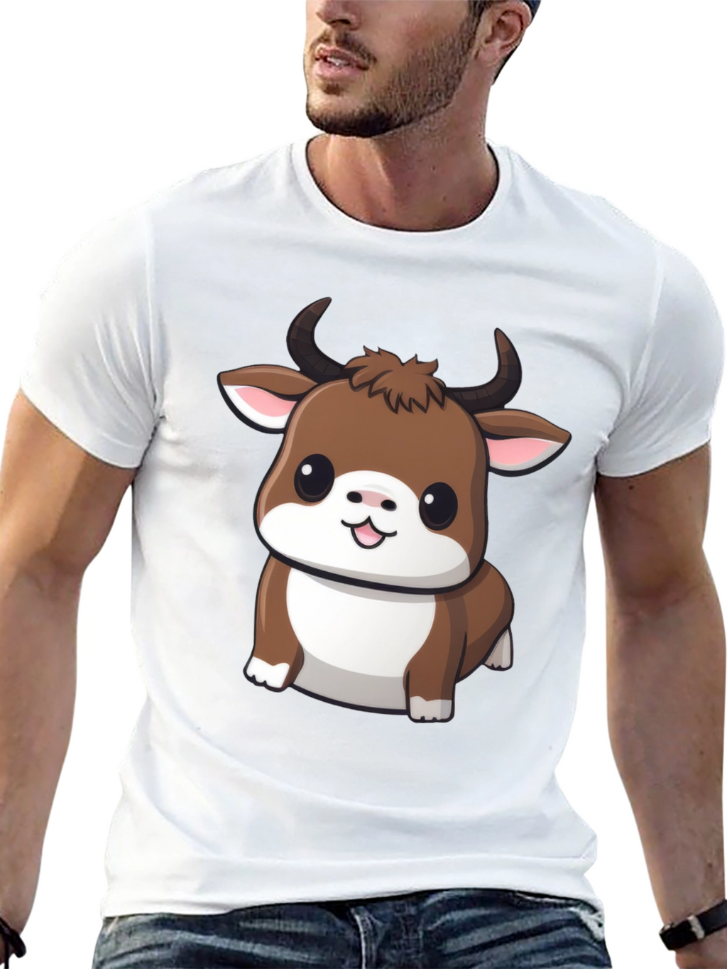 Cute Bull Cartoon Black T-Shirt