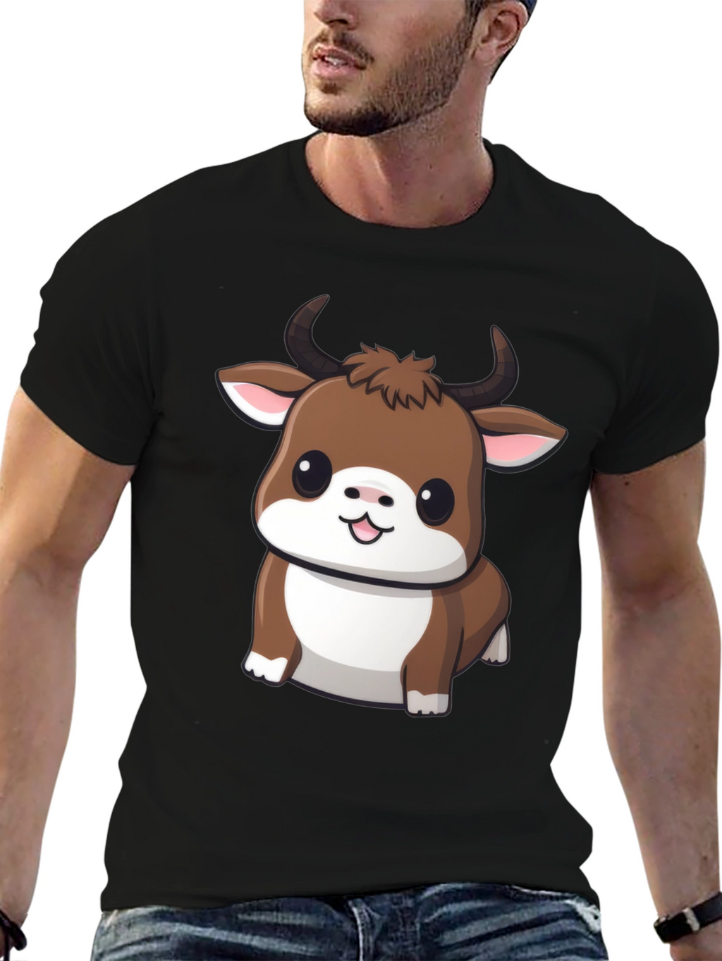 Cute Bull Cartoon Black T-Shirt