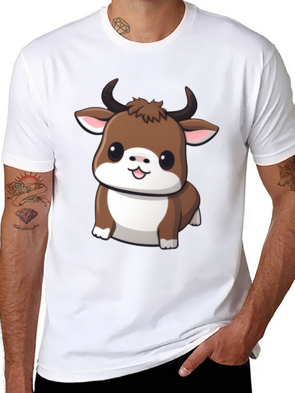 Cute Bull Cartoon Black T-Shirt