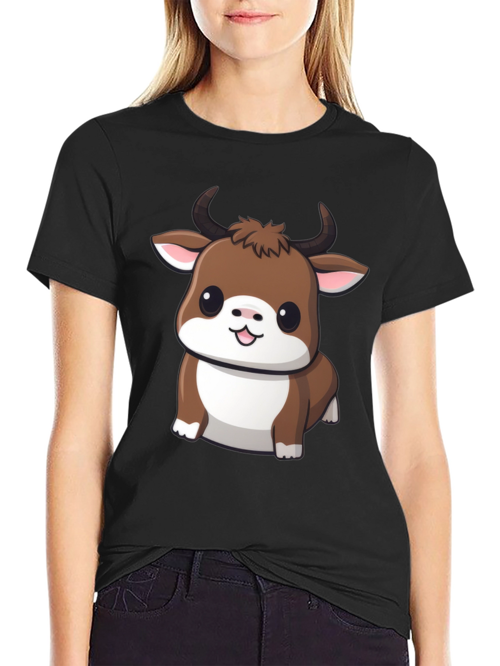 Cute Bull Cartoon Black T-Shirt