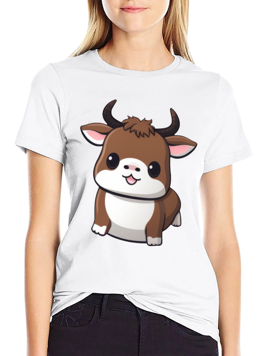 Cute Bull Cartoon Black T-Shirt