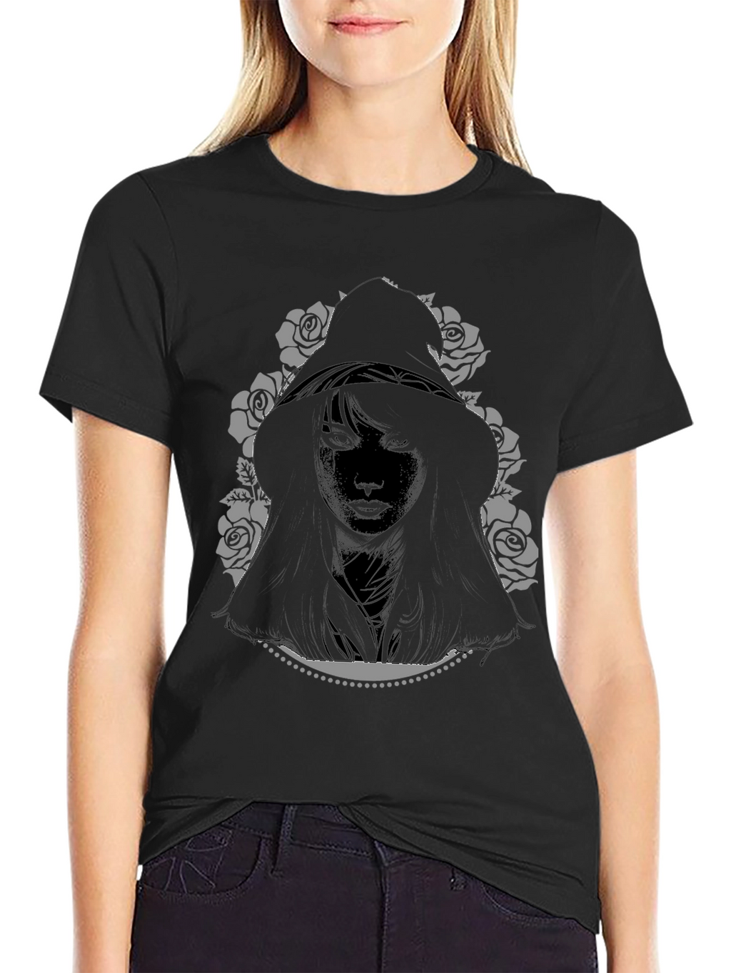 Hooded Woman Graphic Tee - Black