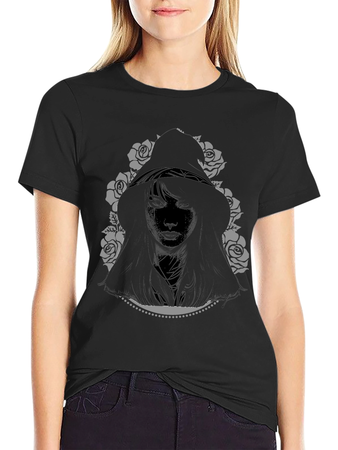 Hooded Woman Graphic Tee - Black