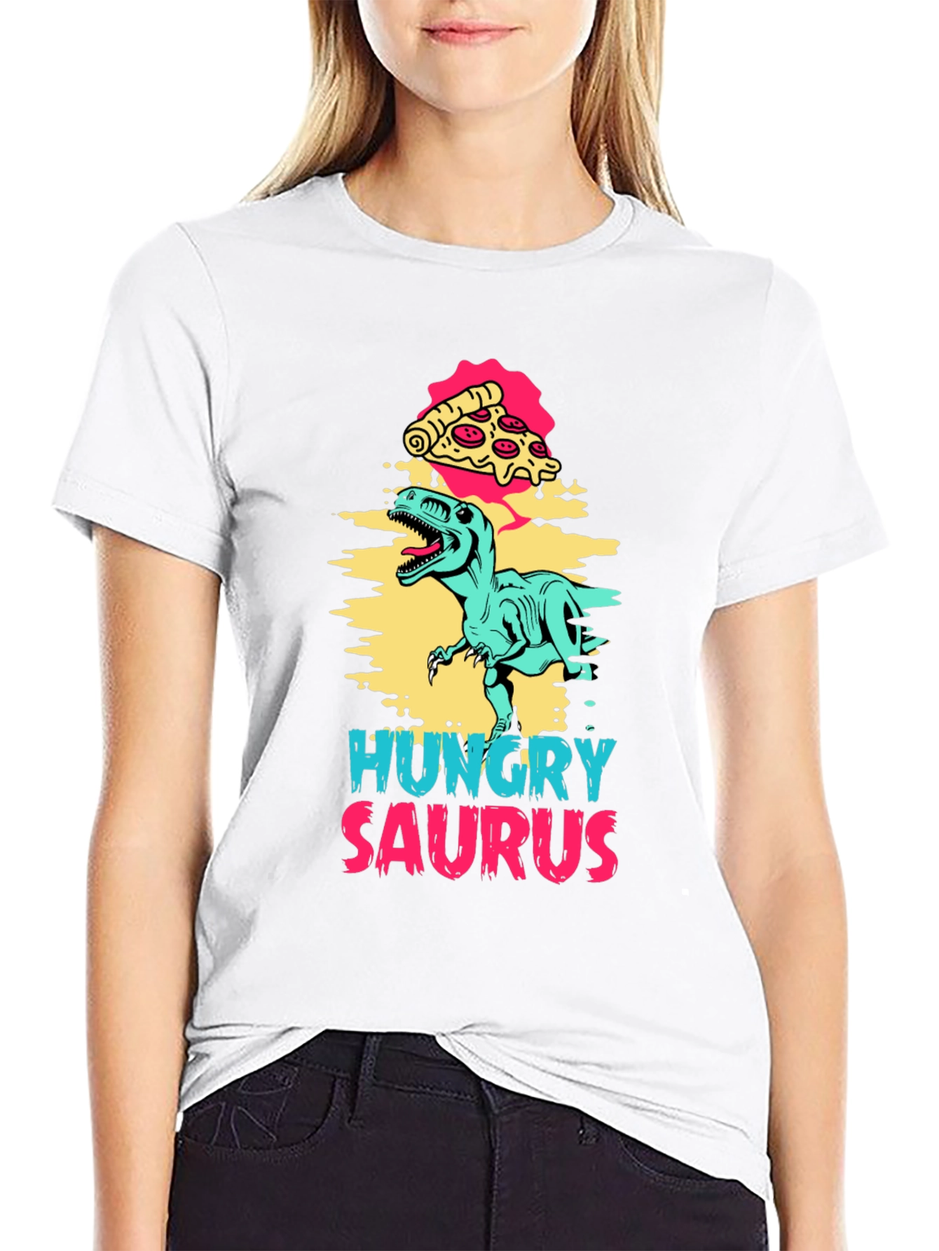 Hungry Saurus Dinosaur Pizza Graphic Tee