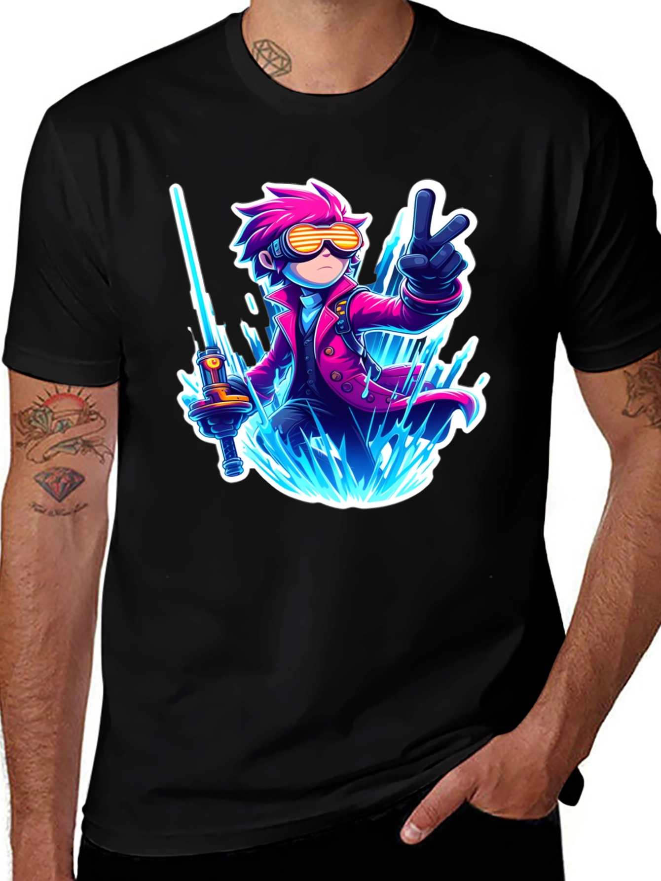 Anime Style Graphic T-Shirt - Pink Haired Swordsman