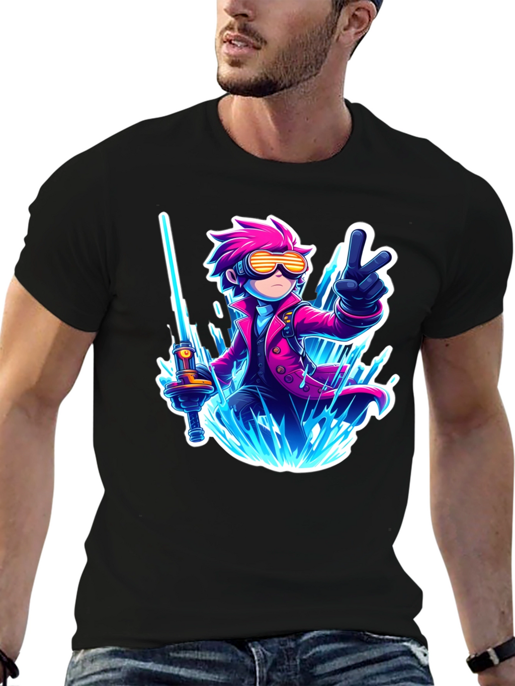Anime Style Graphic T-Shirt - Pink Haired Swordsman
