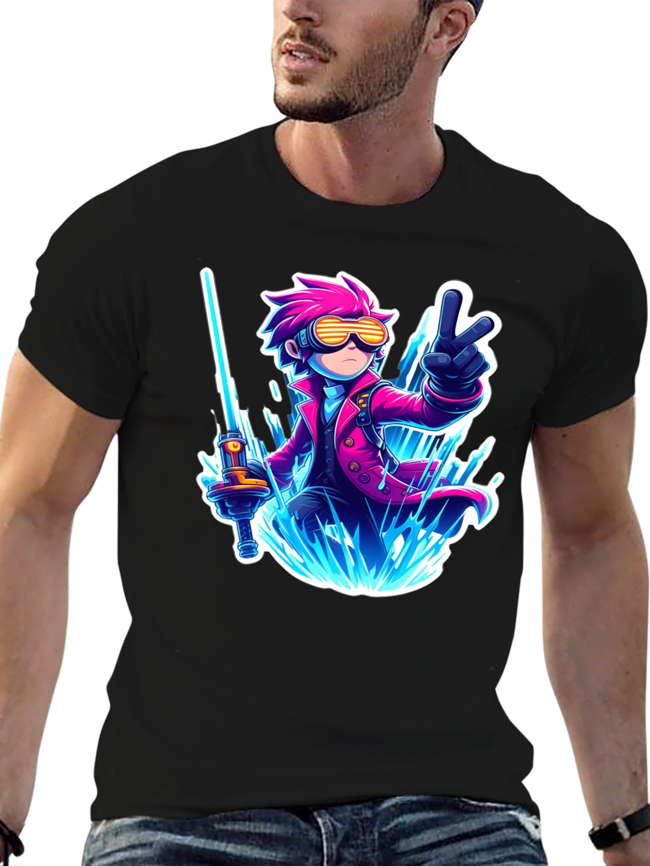 Anime Style Graphic T-Shirt - Pink Haired Swordsman