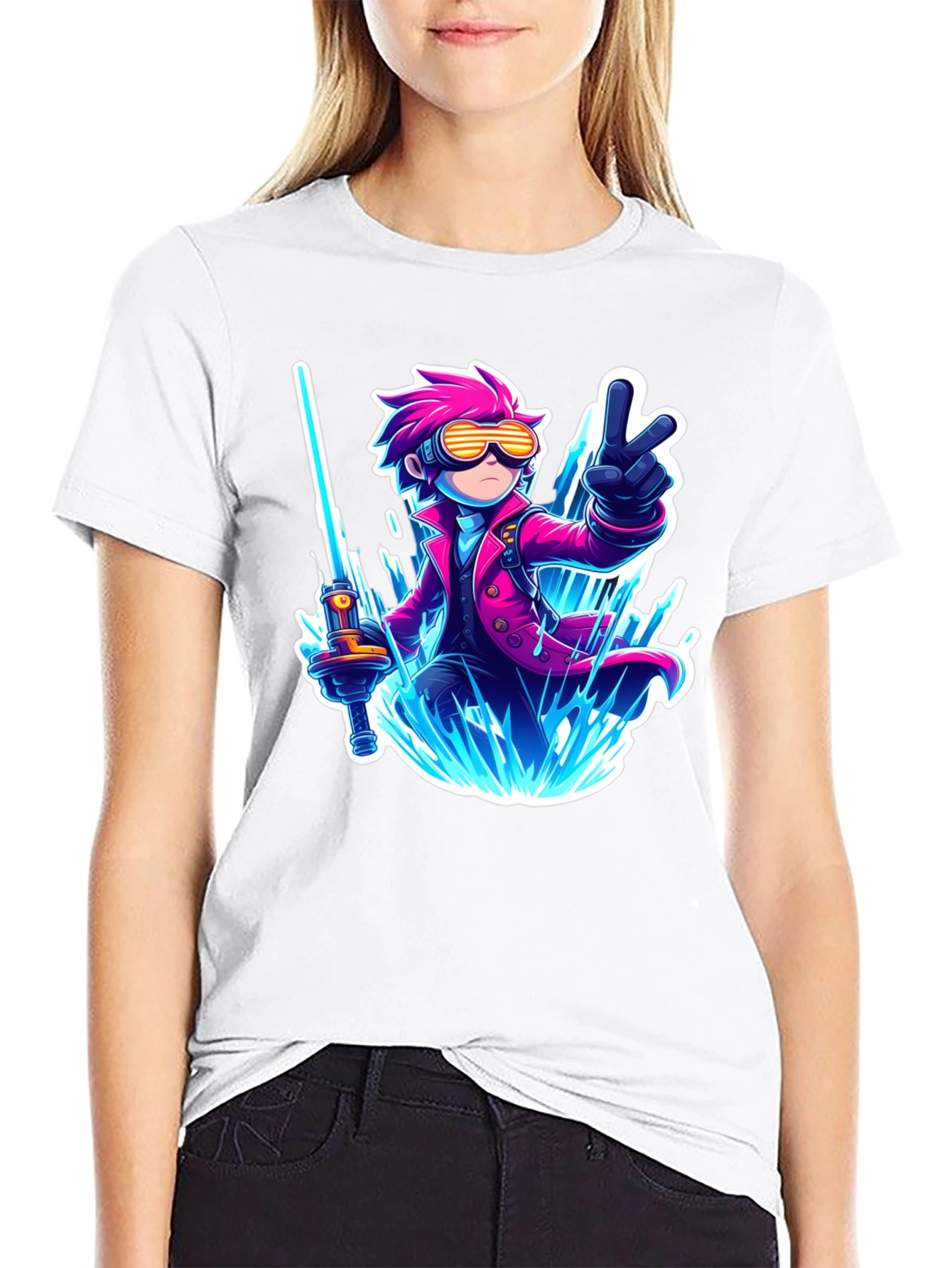 Anime Style Graphic T-Shirt - Pink Haired Swordsman