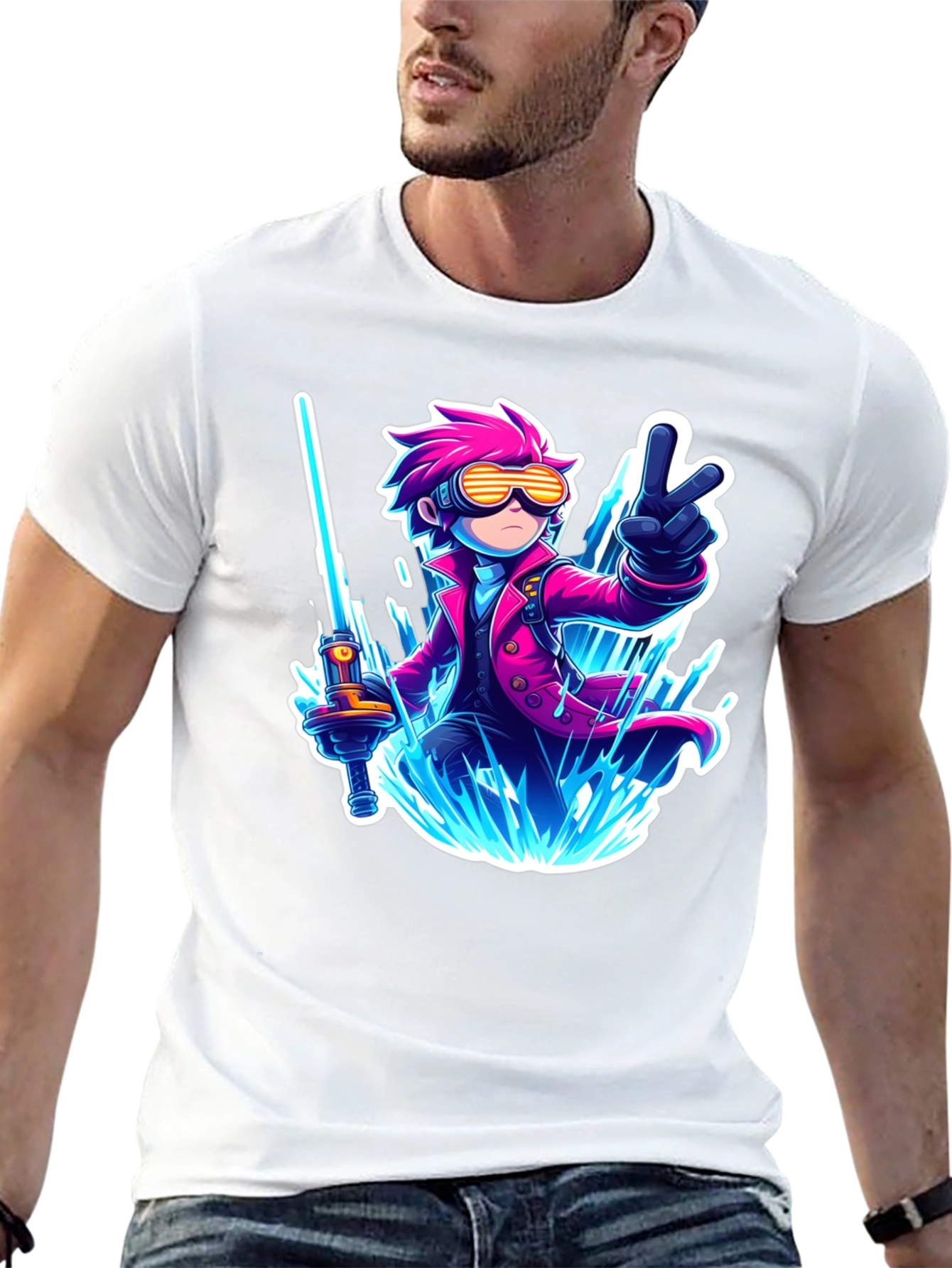 Anime Style Graphic T-Shirt - Pink Haired Swordsman