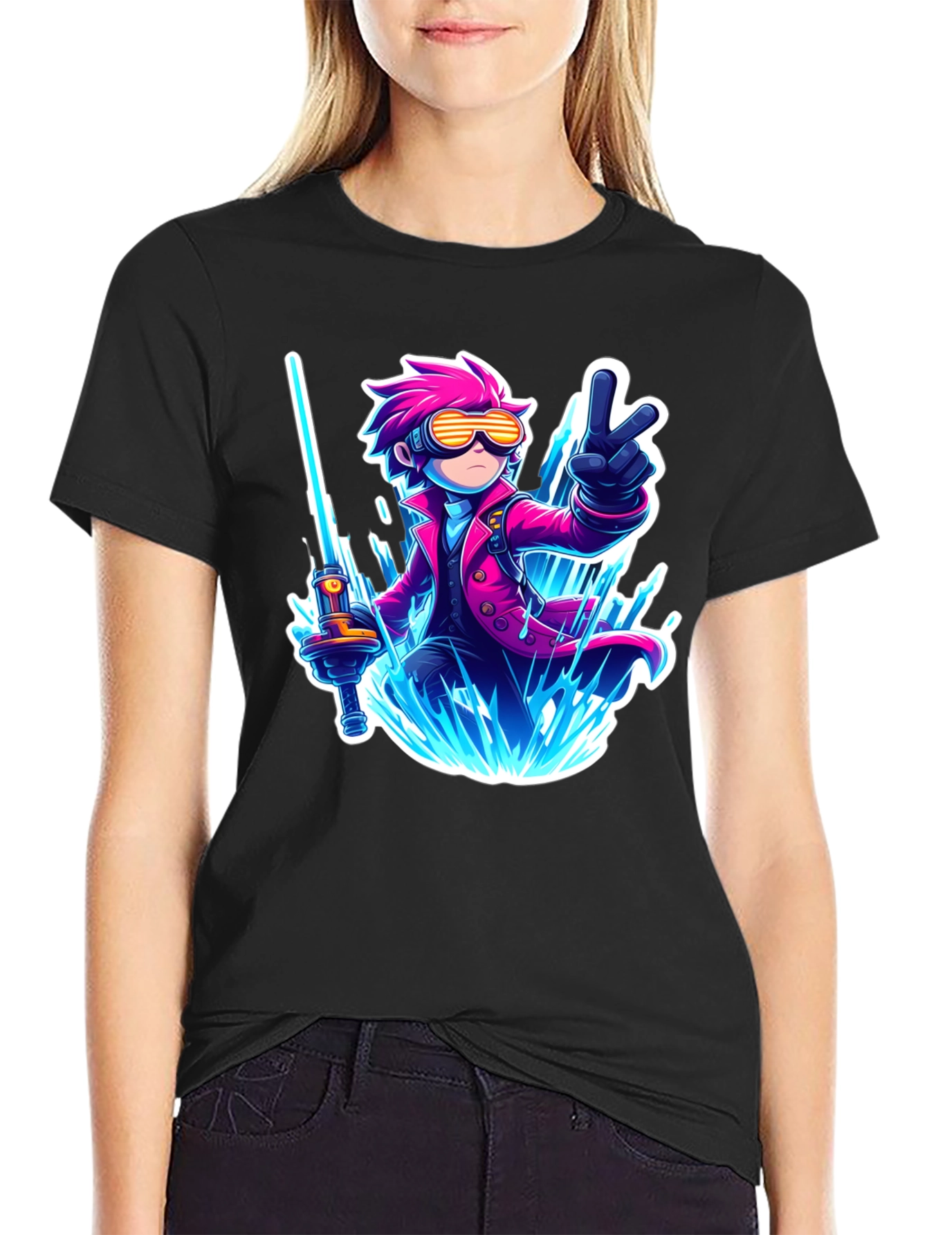 Anime Style Graphic T-Shirt - Pink Haired Swordsman