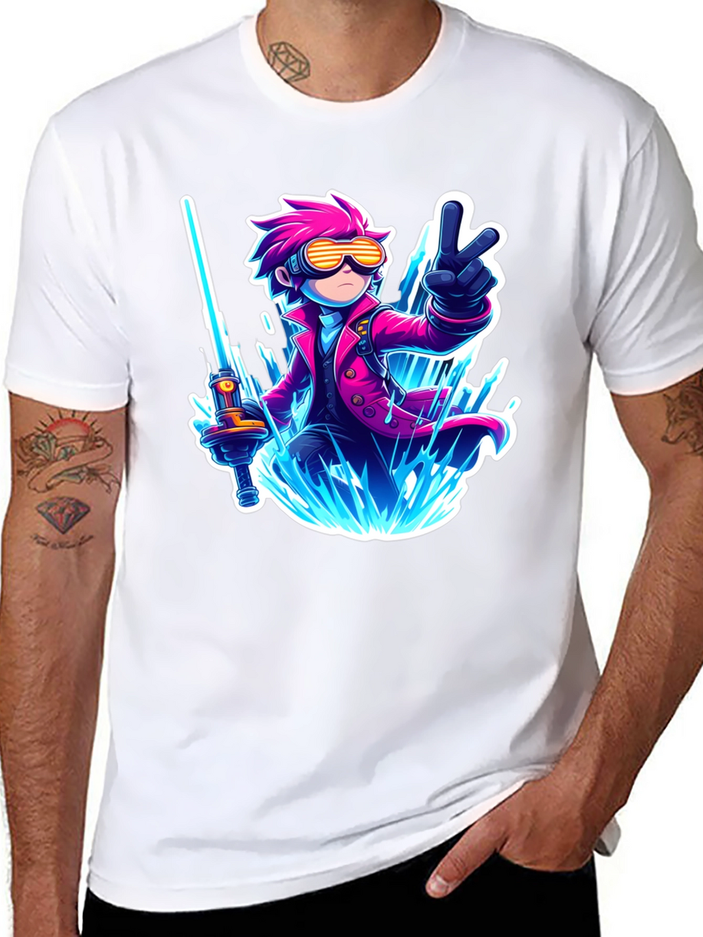 Anime Style Graphic T-Shirt - Pink Haired Swordsman