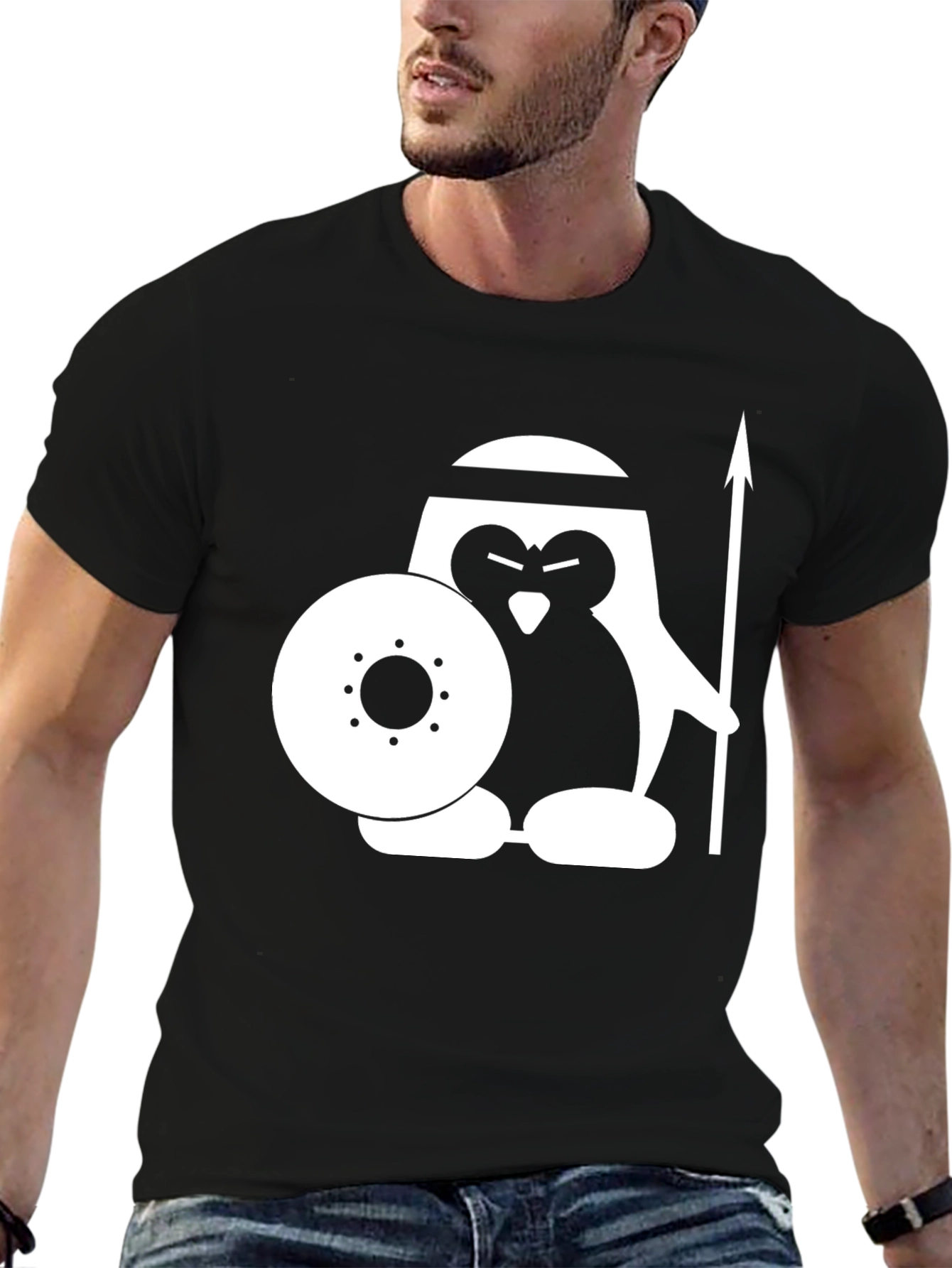 Warrior Penguin Graphic T-Shirt - Black Cotton Tee