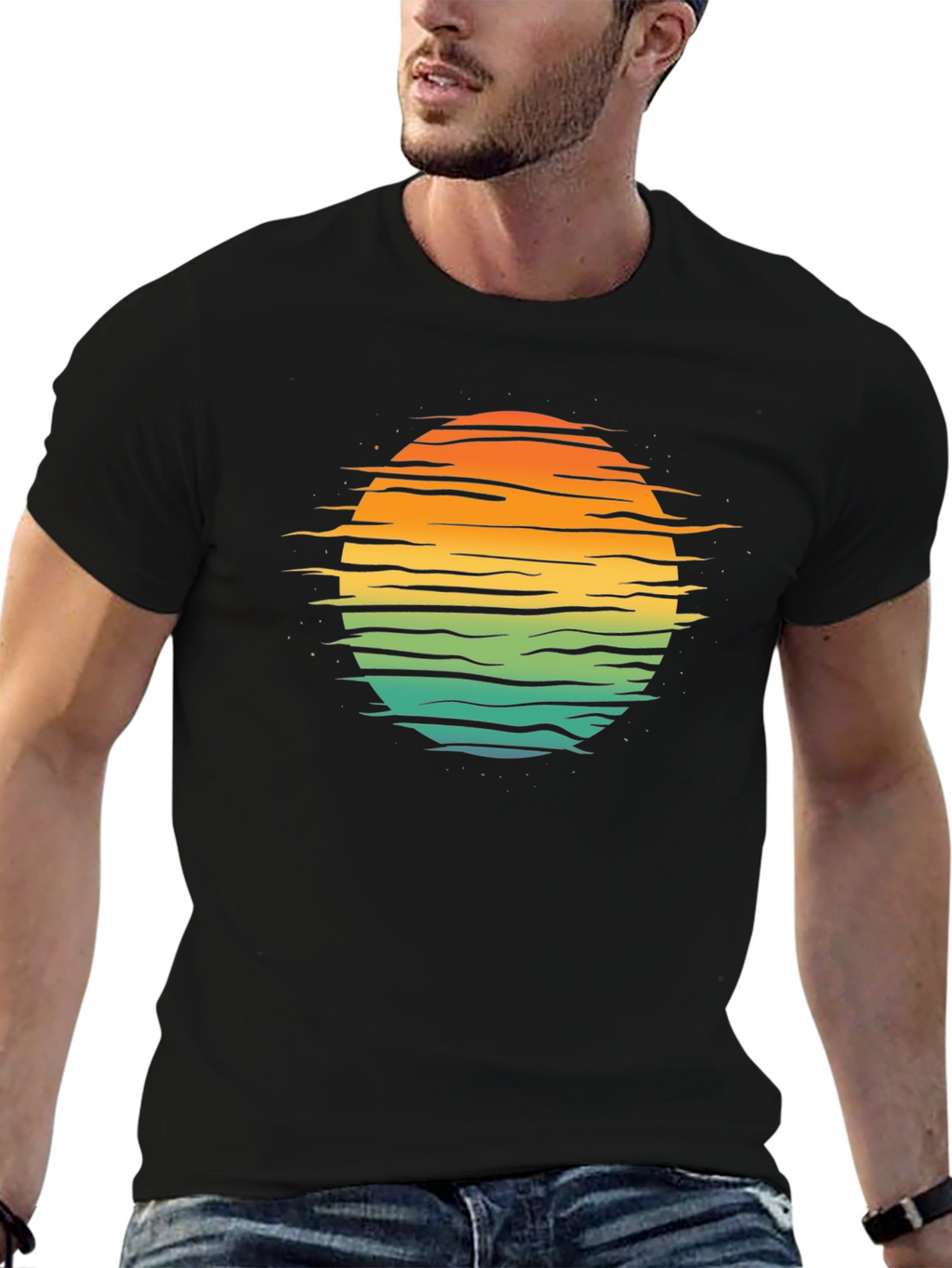 Retro Sunset Horizon T-Shirt - Black